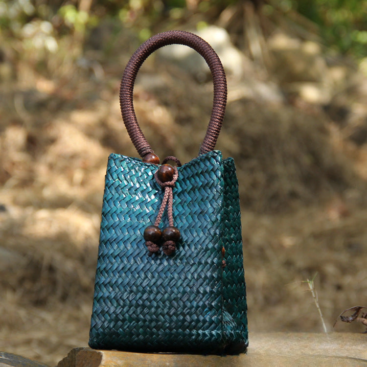 Handwoven Straw Tote Bag Mini Beach Bag for Vacation, Summer, and Resort Wear-Handbags-C011 coffee red-Free Shipping Leatheretro