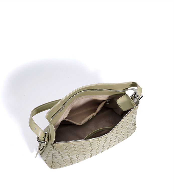 Leather Quilted Shoulder Bag, Elegant Woven Handbag, Stylish & Minimalist-Shoulder Bags-Matcha green-Free Shipping Leatheretro