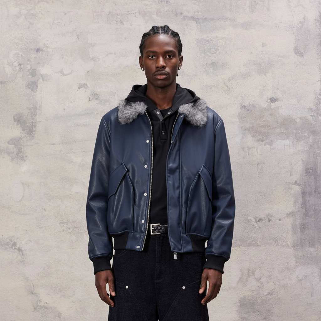 ALVNG AR ANTS Faux Fur Collar PU Jacket-Jacket-S-Free Shipping Leatheretro