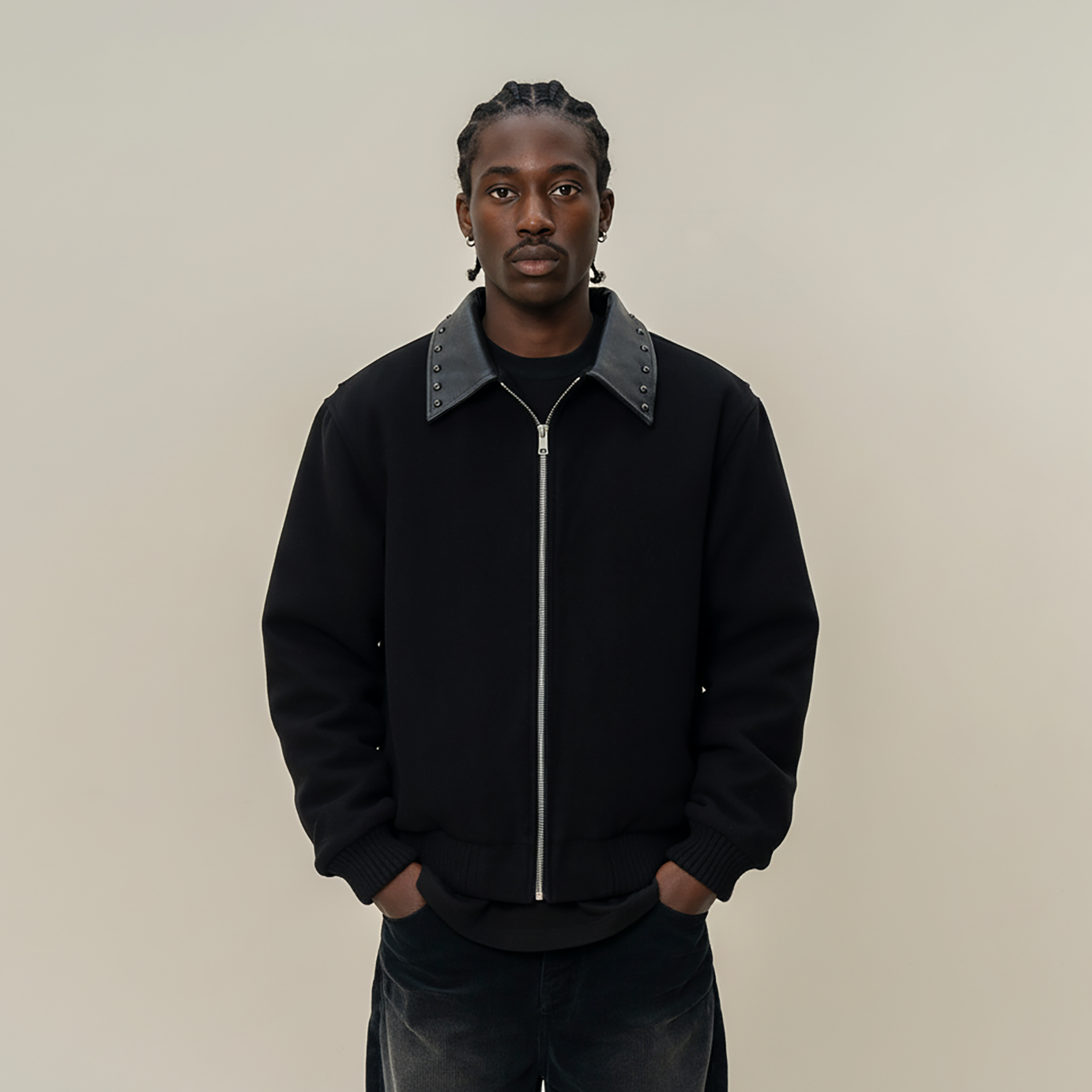 MAKEMORE Studded Collar Wool-Blend Jacket-Jacket-M-Free Shipping Leatheretro