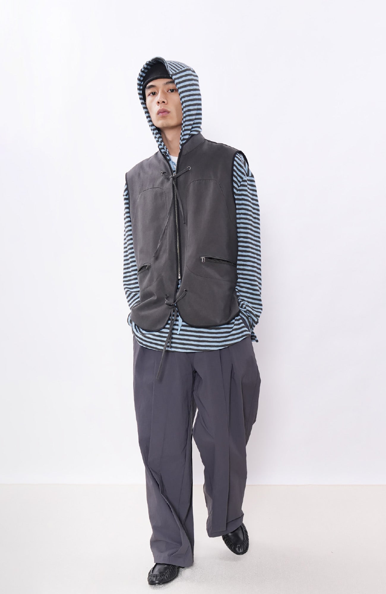7440 37 1 Striped Lace-Up Hoodie Tee-L/S Tee-S (Preorder)-Free Shipping Leatheretro