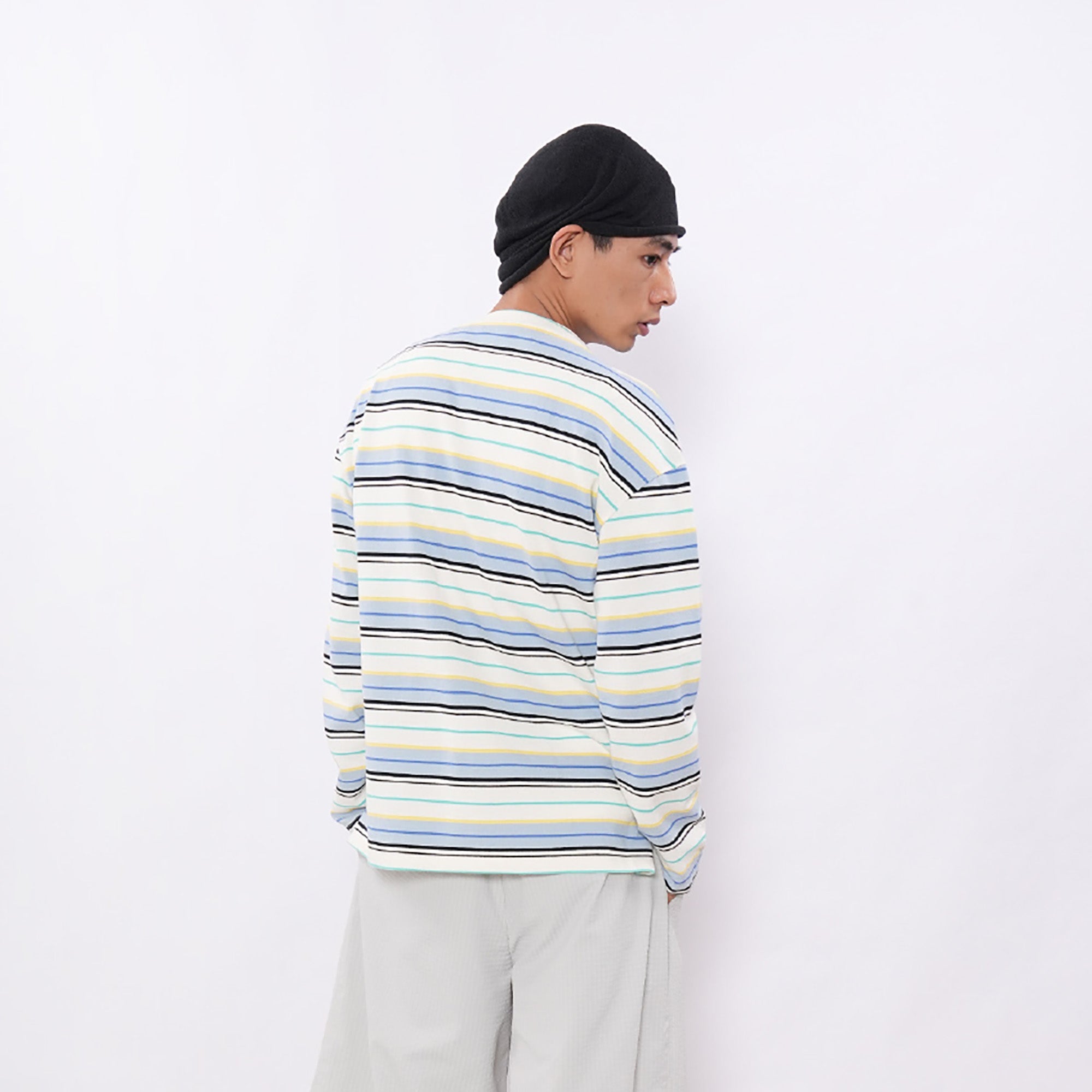 7440 37 1 Asymmetrical Stripe Panel Long Sleeve-L/S Tee-S (Preorder)-Blue and White-Free Shipping Leatheretro