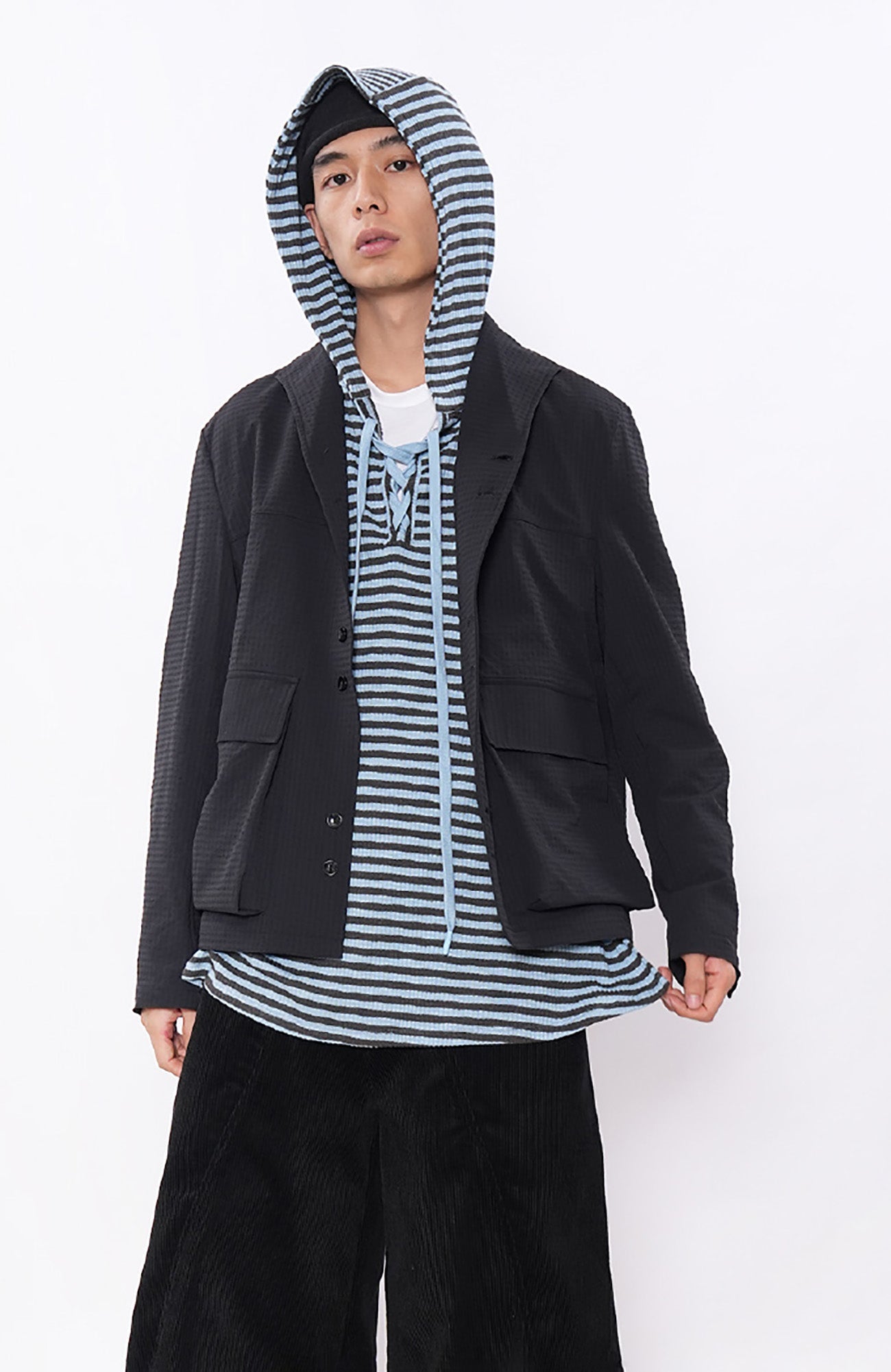 7440 37 1 Striped Lace-Up Hoodie Tee-L/S Tee-S (Preorder)-Free Shipping Leatheretro