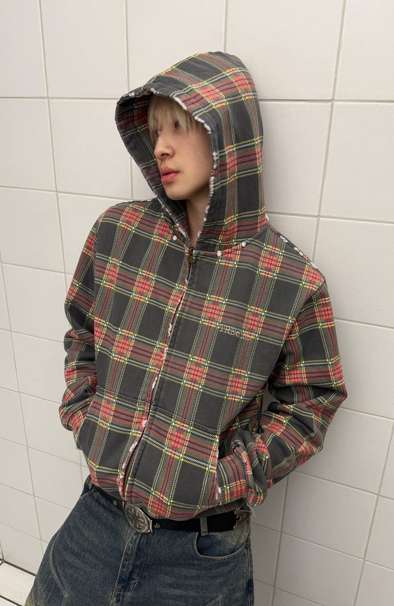 TRECLUB Distressed Plaid Zip-Up Hoodie-Jacket-S (Preorder)-Free Shipping Leatheretro