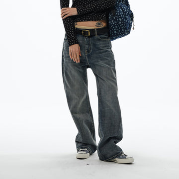TRECLUB Retro Slub-Wash Straight-Leg Jeans-Jeans-S-Free Shipping Leatheretro