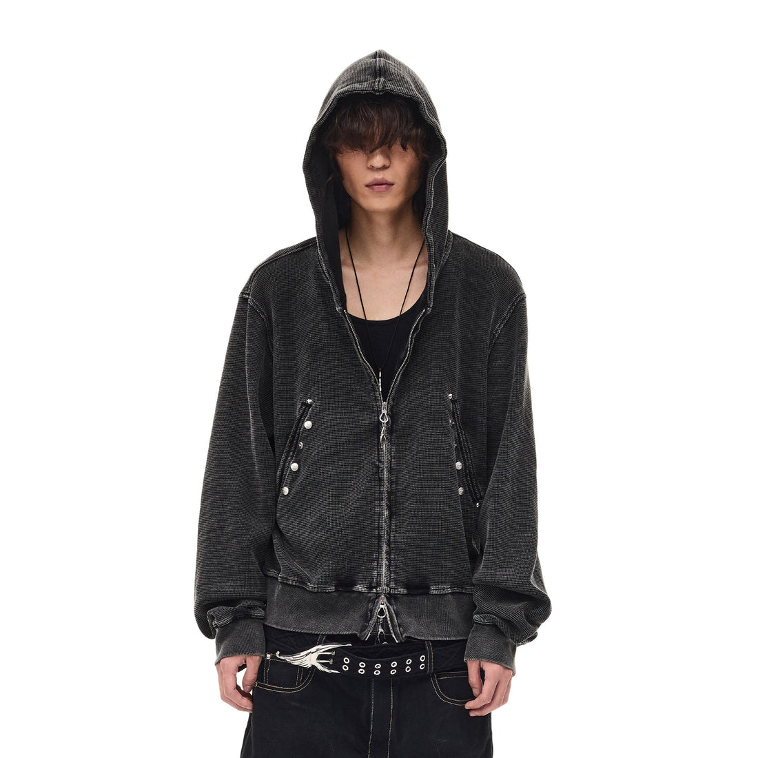WHISTLEHUNTER Washed Waffle Studded Zip-Up Hoodie-Jacket-S-Black-Free Shipping Leatheretro