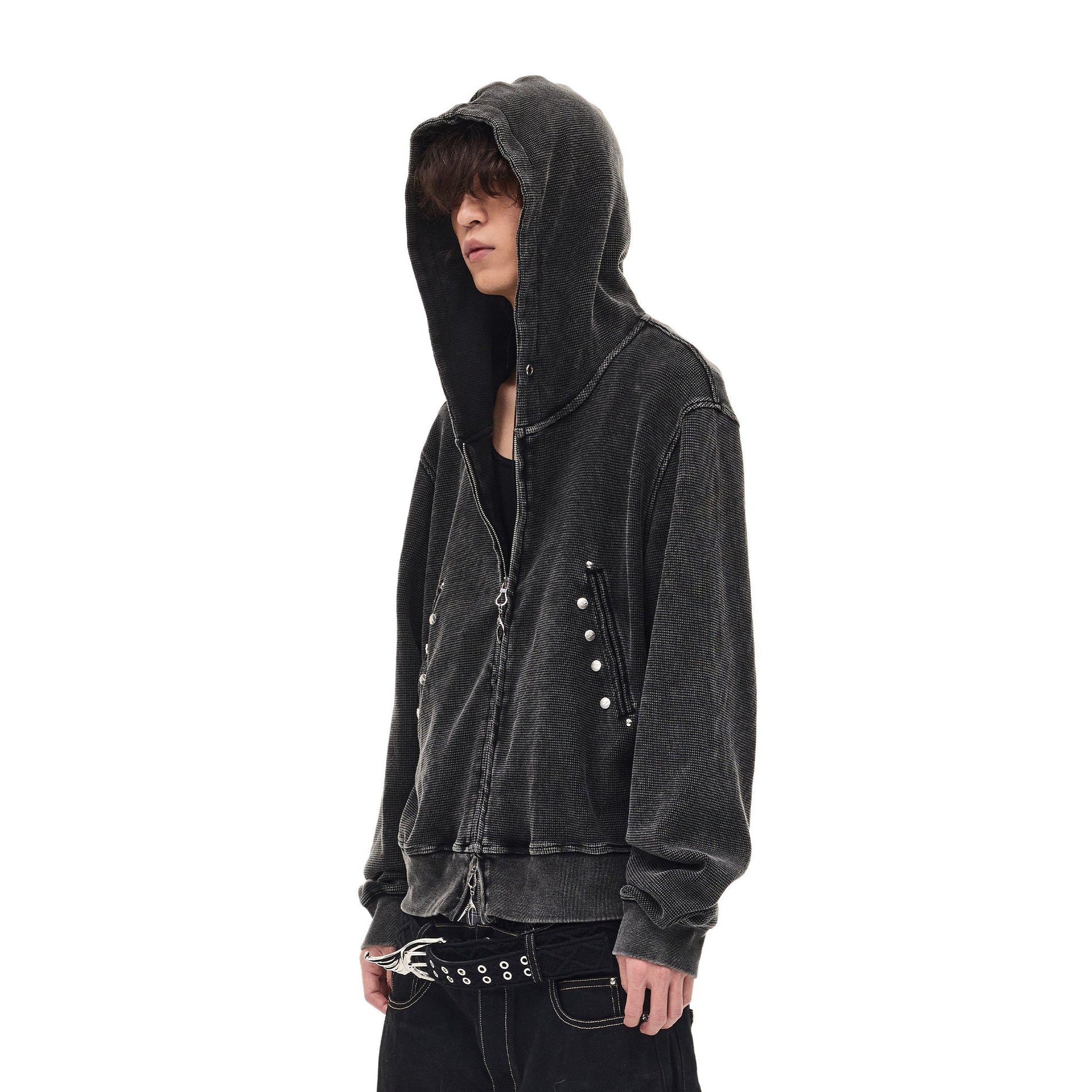 WHISTLEHUNTER Washed Waffle Studded Zip-Up Hoodie-Jacket-S-Black-Free Shipping Leatheretro