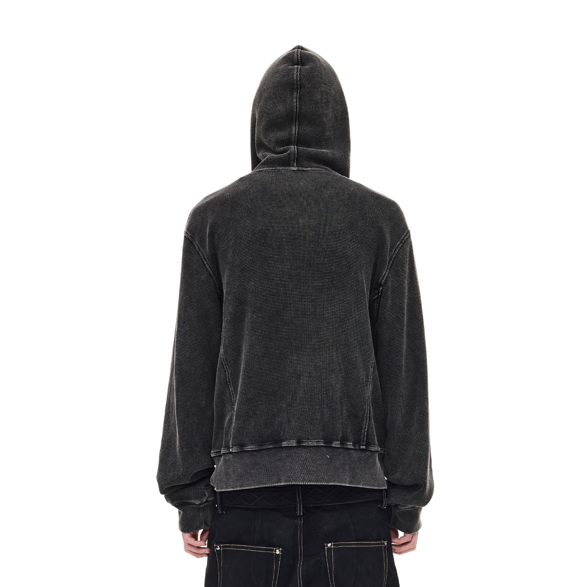 WHISTLEHUNTER Washed Waffle Studded Zip-Up Hoodie-Jacket-S-Black-Free Shipping Leatheretro