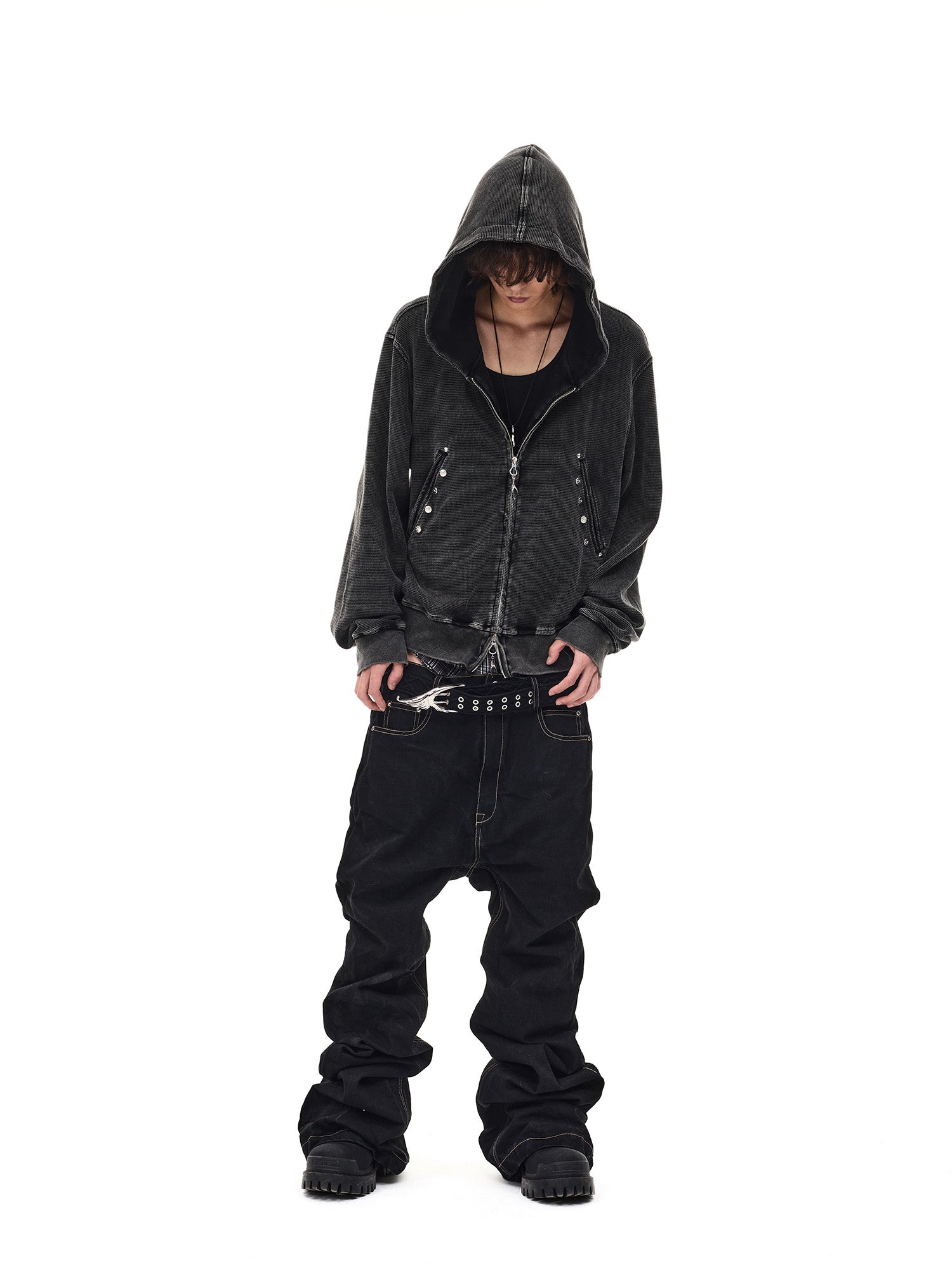 WHISTLEHUNTER Washed Waffle Studded Zip-Up Hoodie-Jacket-S-Black-Free Shipping Leatheretro