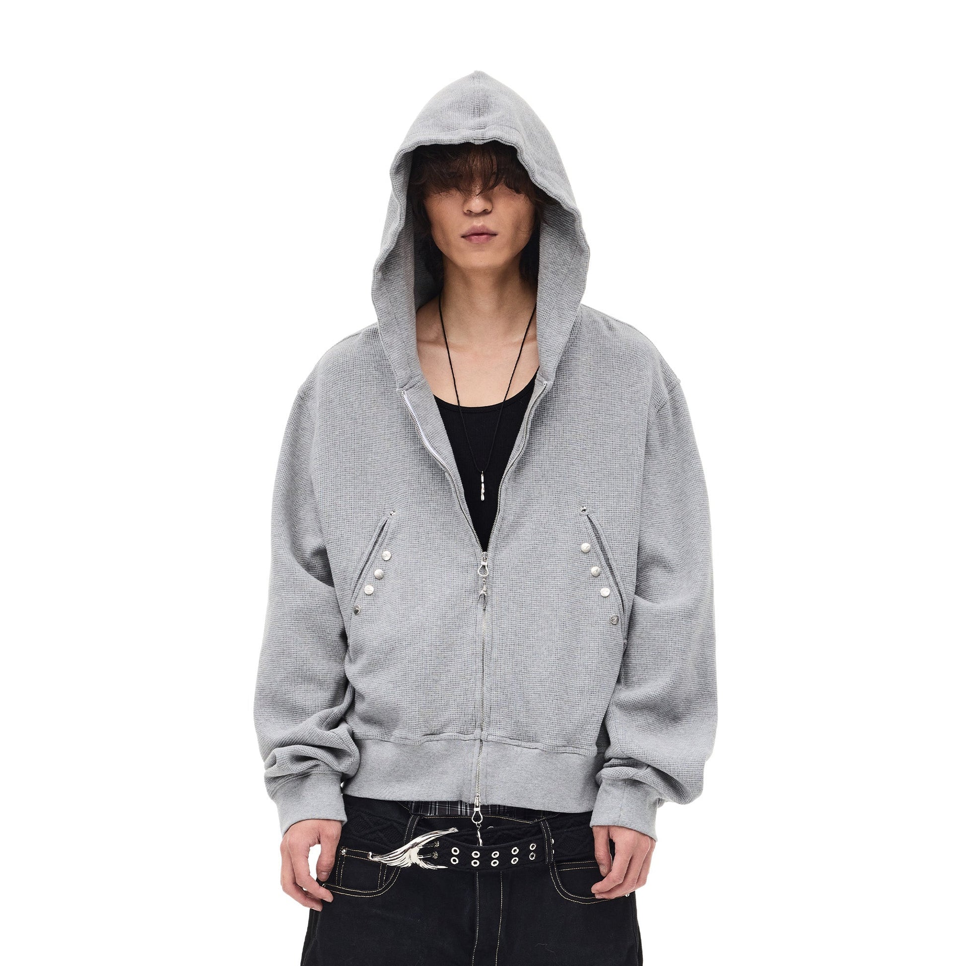 WHISTLEHUNTER Washed Waffle Studded Zip-Up Hoodie-Jacket-S-Gray-Free Shipping Leatheretro
