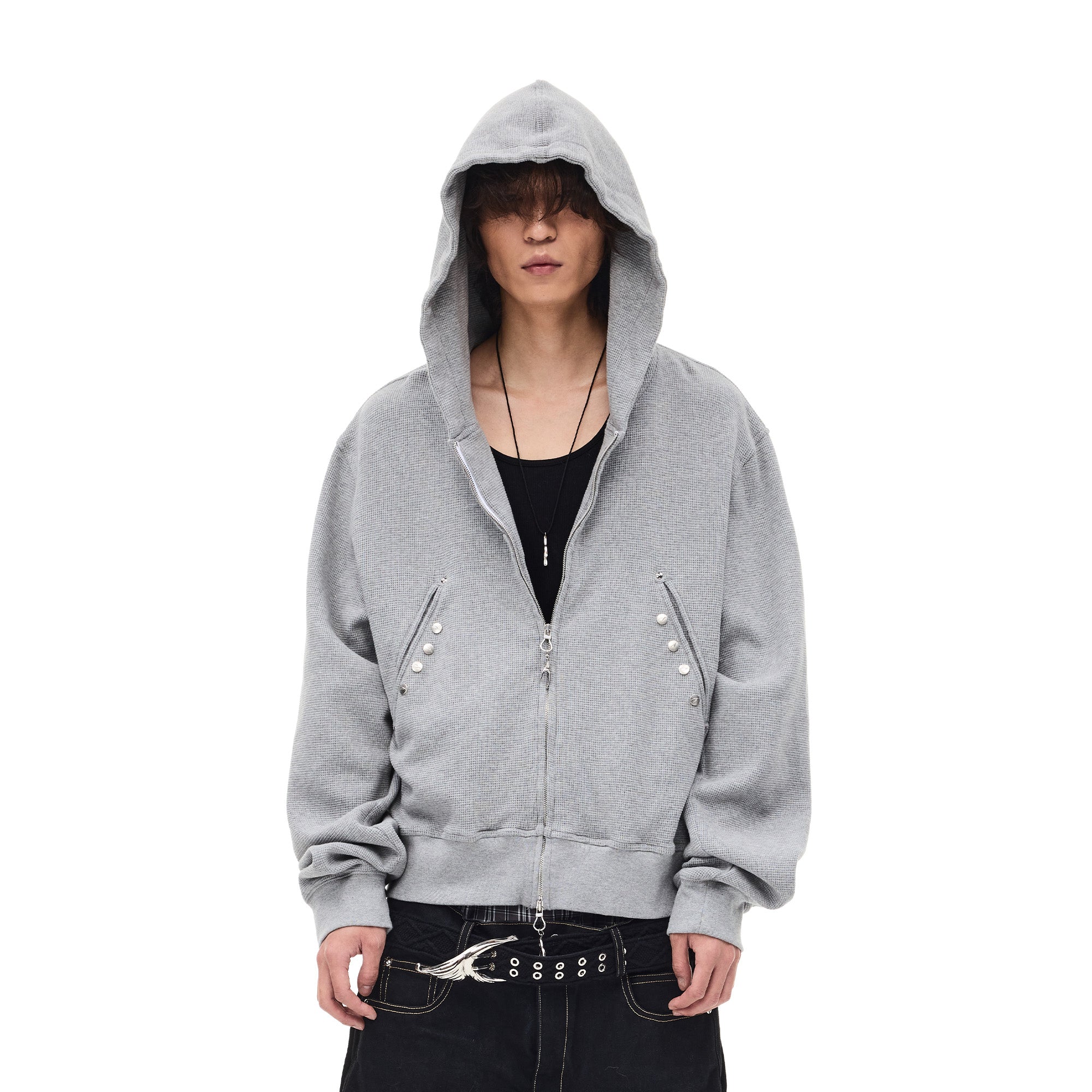 WHISTLEHUNTER Washed Waffle Studded Zip-Up Hoodie-Jacket-S-Gray-Free Shipping Leatheretro