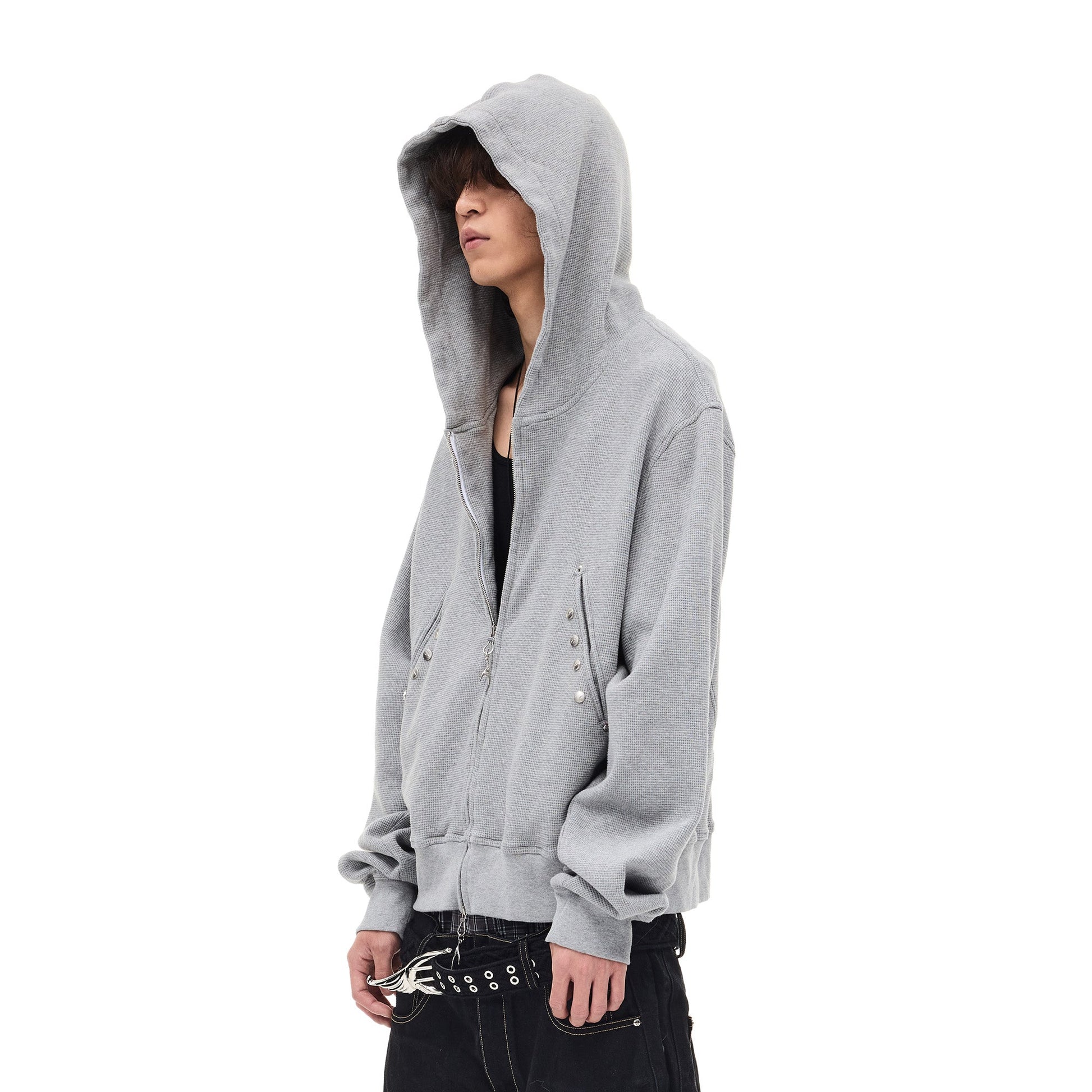 WHISTLEHUNTER Washed Waffle Studded Zip-Up Hoodie-Jacket-S-Black-Free Shipping Leatheretro