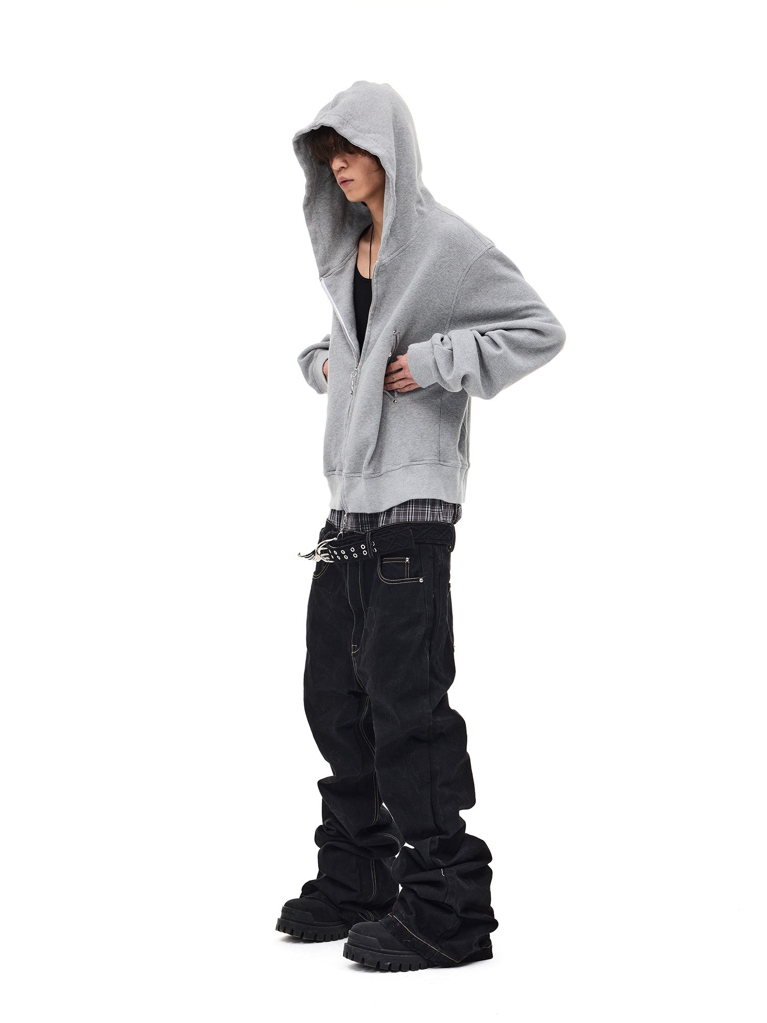 WHISTLEHUNTER Washed Waffle Studded Zip-Up Hoodie-Jacket-S-Black-Free Shipping Leatheretro