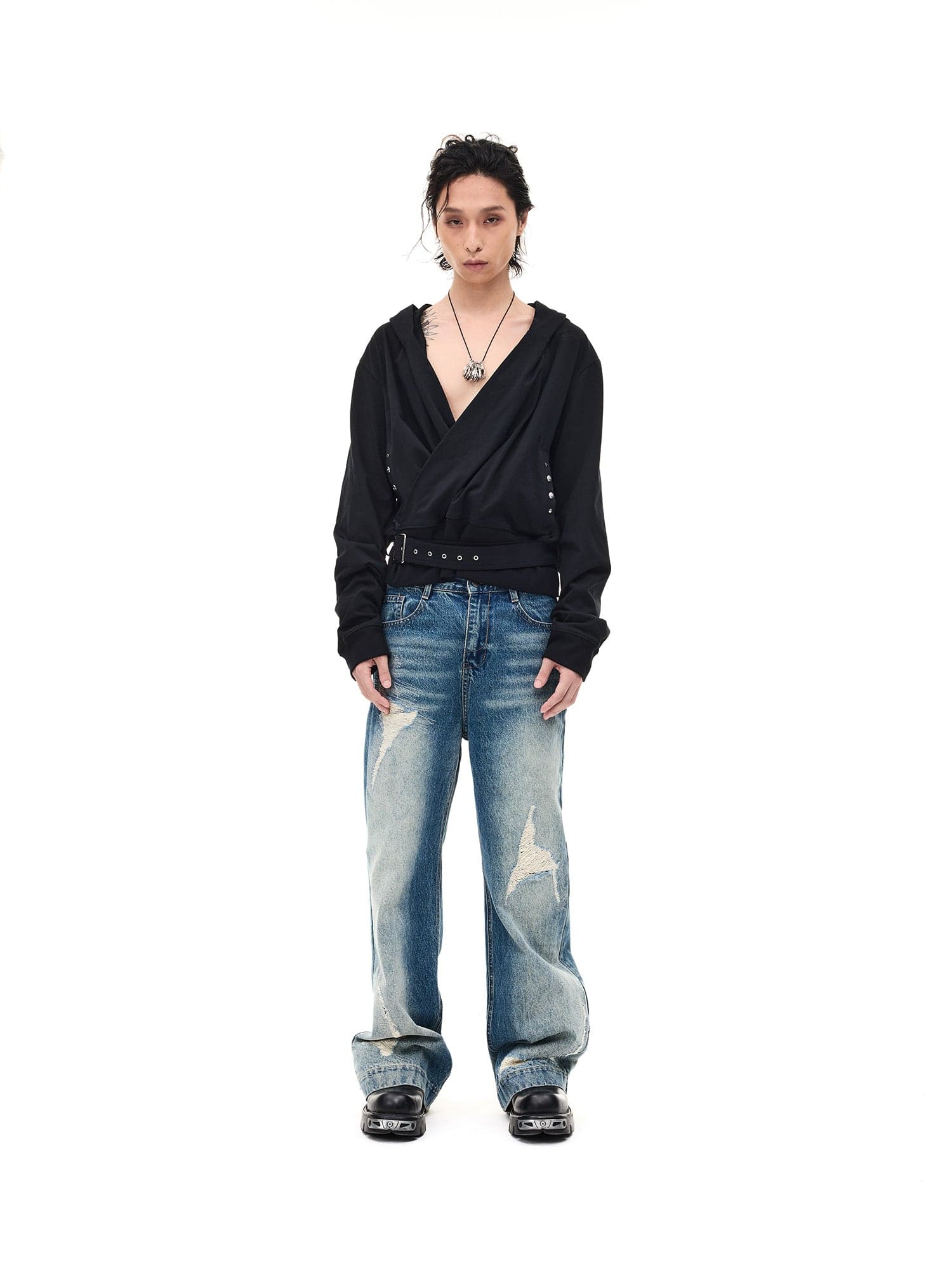 WHISTLEHUNTER Detachable-Belt Deep V-Cut Hardware Hoodie-Hoodie-S-Free Shipping Leatheretro