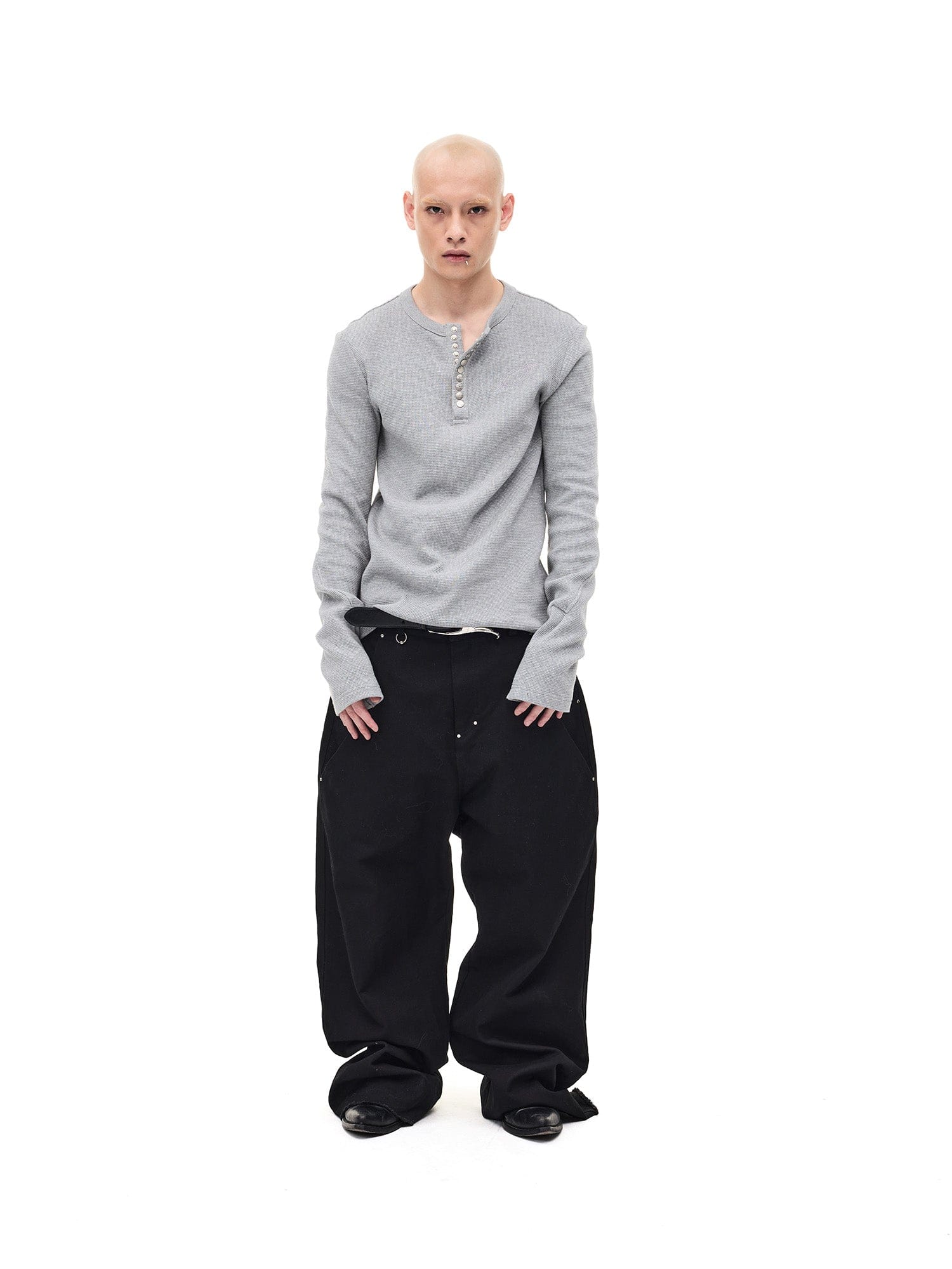WHISTLEHUNTER Waffle-Knit Snap Henley Long-Sleeve Tee-L/S Tee-S-Gray-Free Shipping Leatheretro