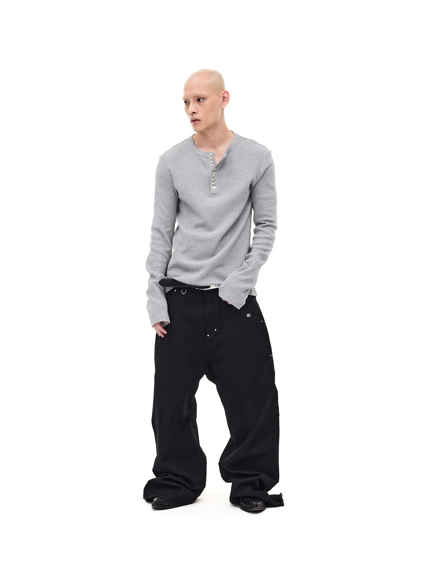 WHISTLEHUNTER Waffle-Knit Snap Henley Long-Sleeve Tee-L/S Tee-S-Gray-Free Shipping Leatheretro