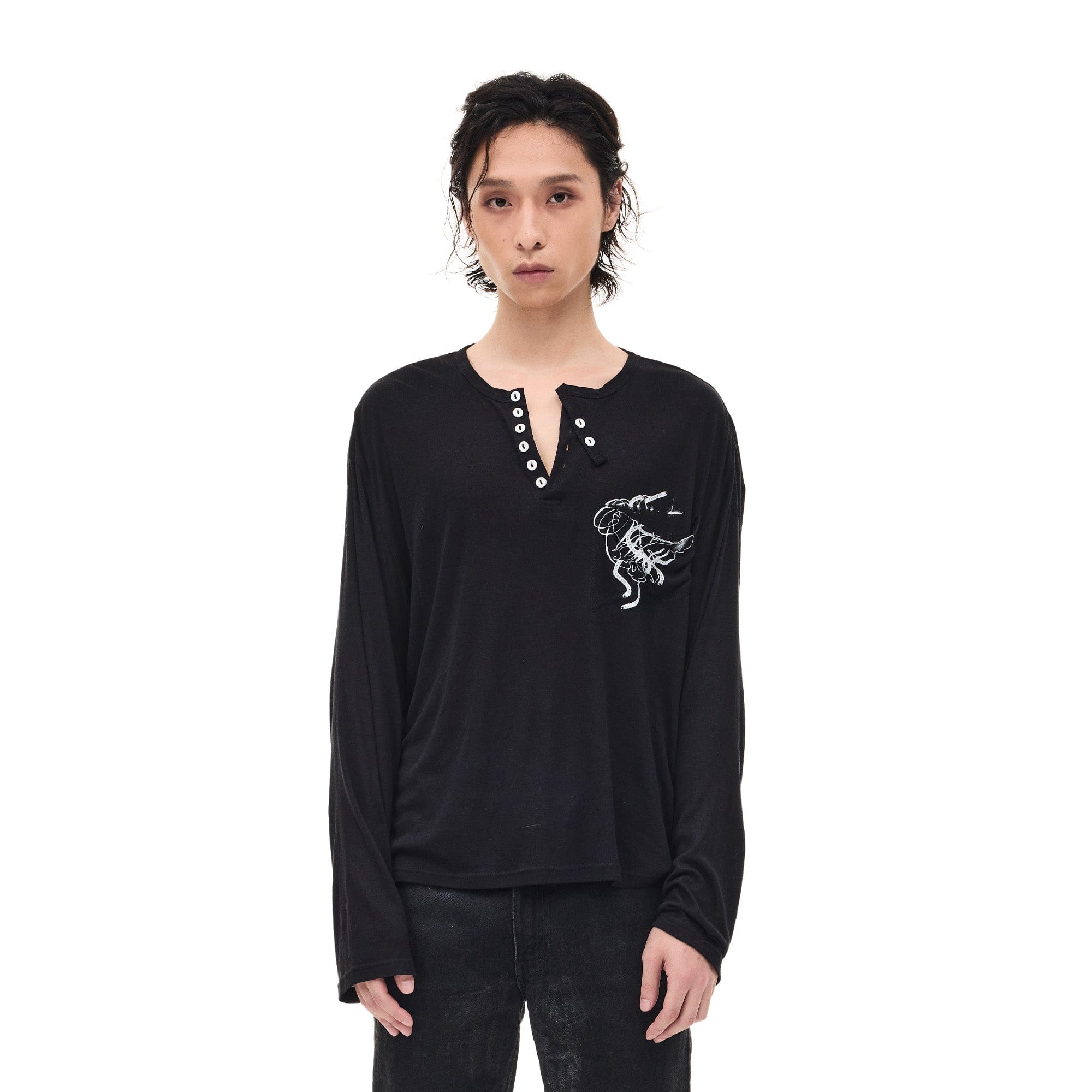 WHISTLEHUNTER Merino-Tencel Henley Graphic Long-Sleeve Tee-L/S Tee-S-Black-Free Shipping Leatheretro