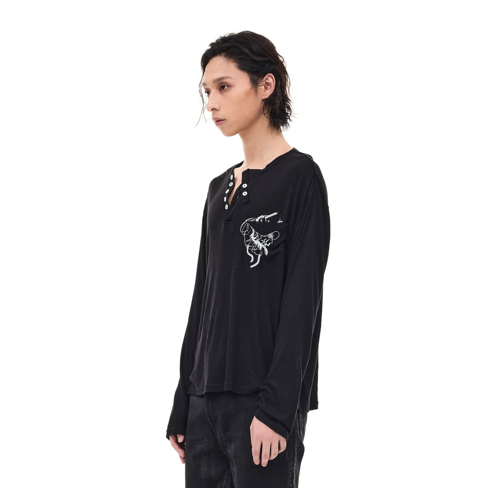 WHISTLEHUNTER Merino-Tencel Henley Graphic Long-Sleeve Tee-L/S Tee-S-Black-Free Shipping Leatheretro