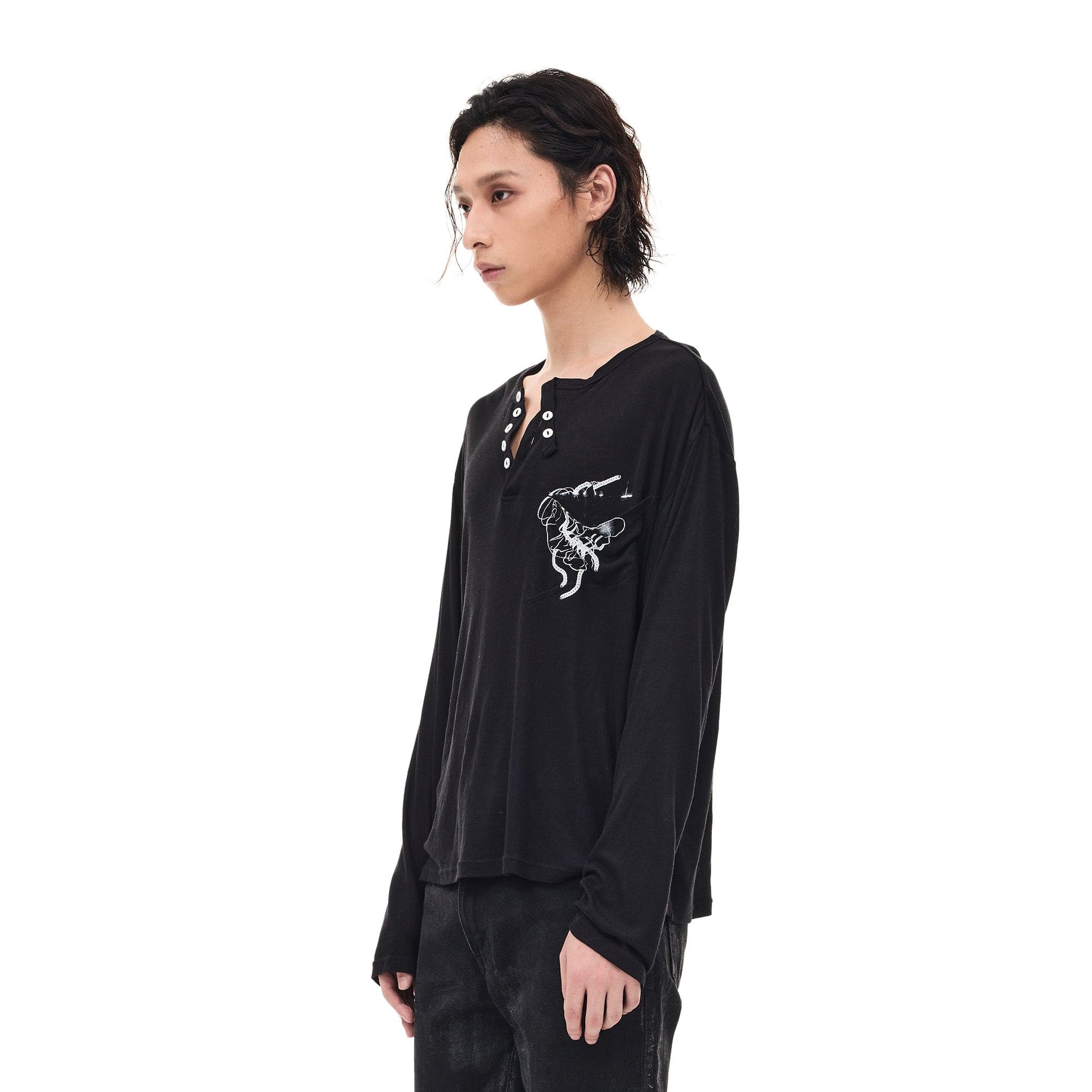 WHISTLEHUNTER Merino-Tencel Henley Graphic Long-Sleeve Tee-L/S Tee-S-Black-Free Shipping Leatheretro