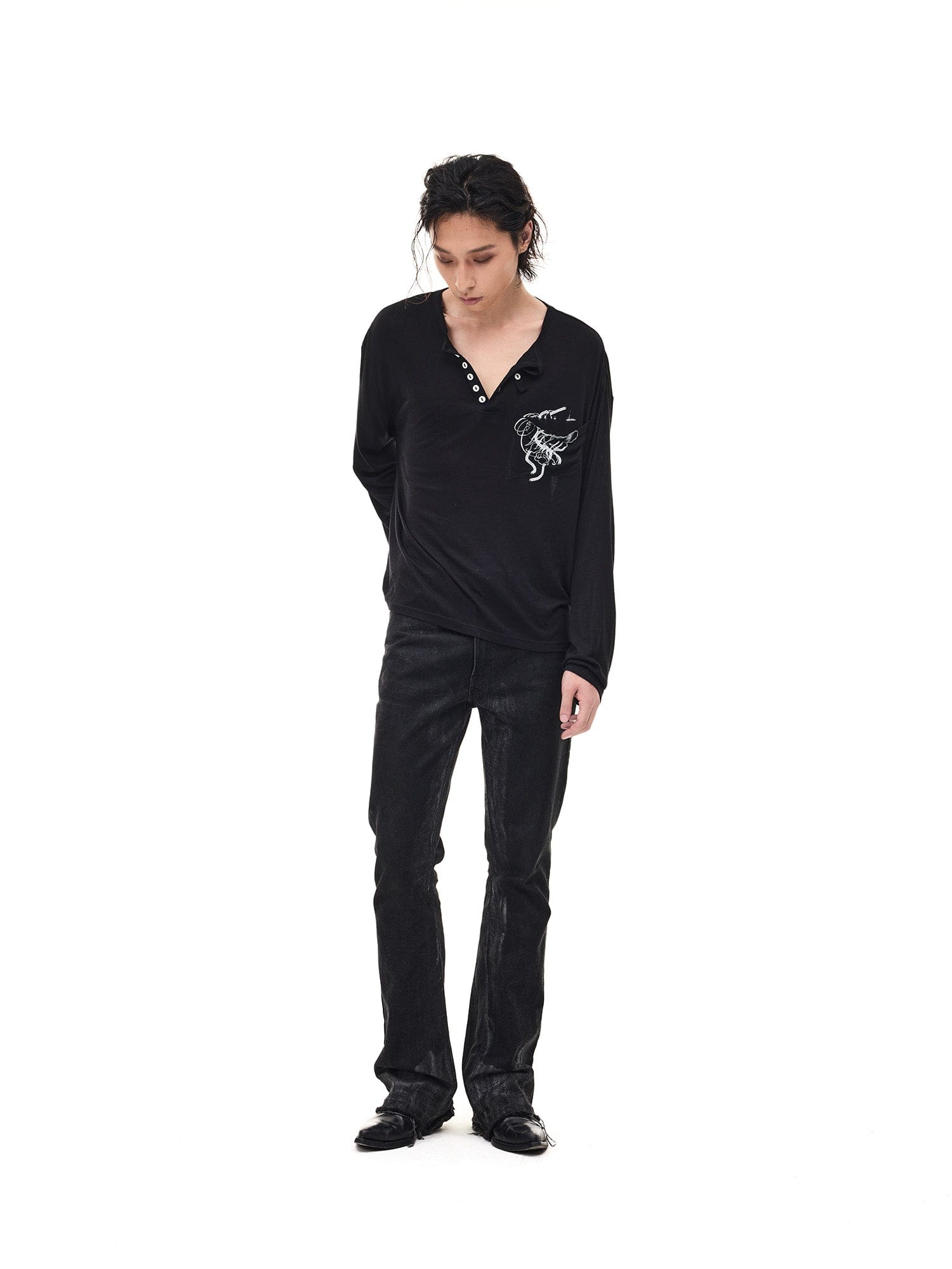 WHISTLEHUNTER Merino-Tencel Henley Graphic Long-Sleeve Tee-L/S Tee-S-Black-Free Shipping Leatheretro