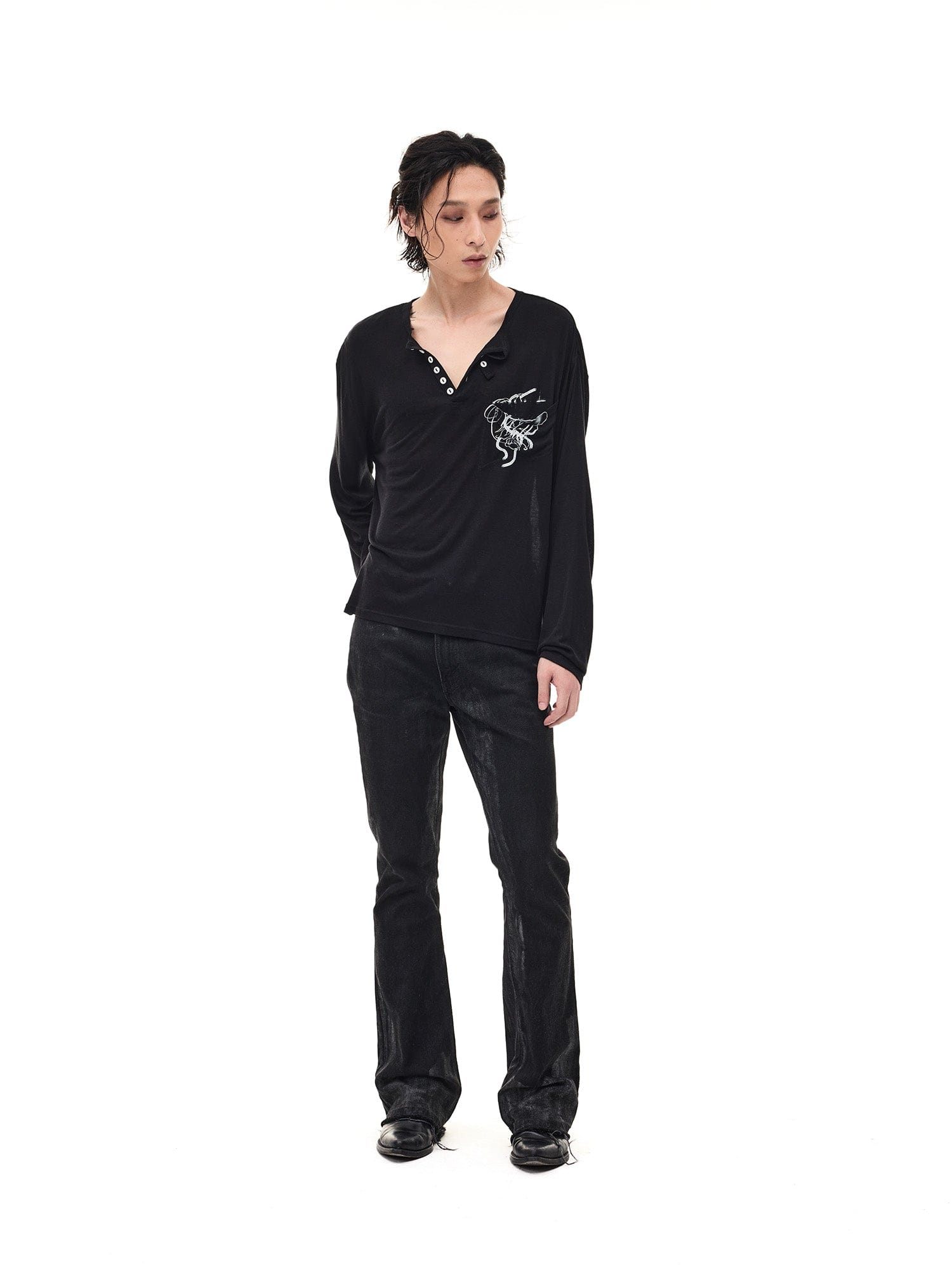 WHISTLEHUNTER Merino-Tencel Henley Graphic Long-Sleeve Tee-L/S Tee-S-Black-Free Shipping Leatheretro