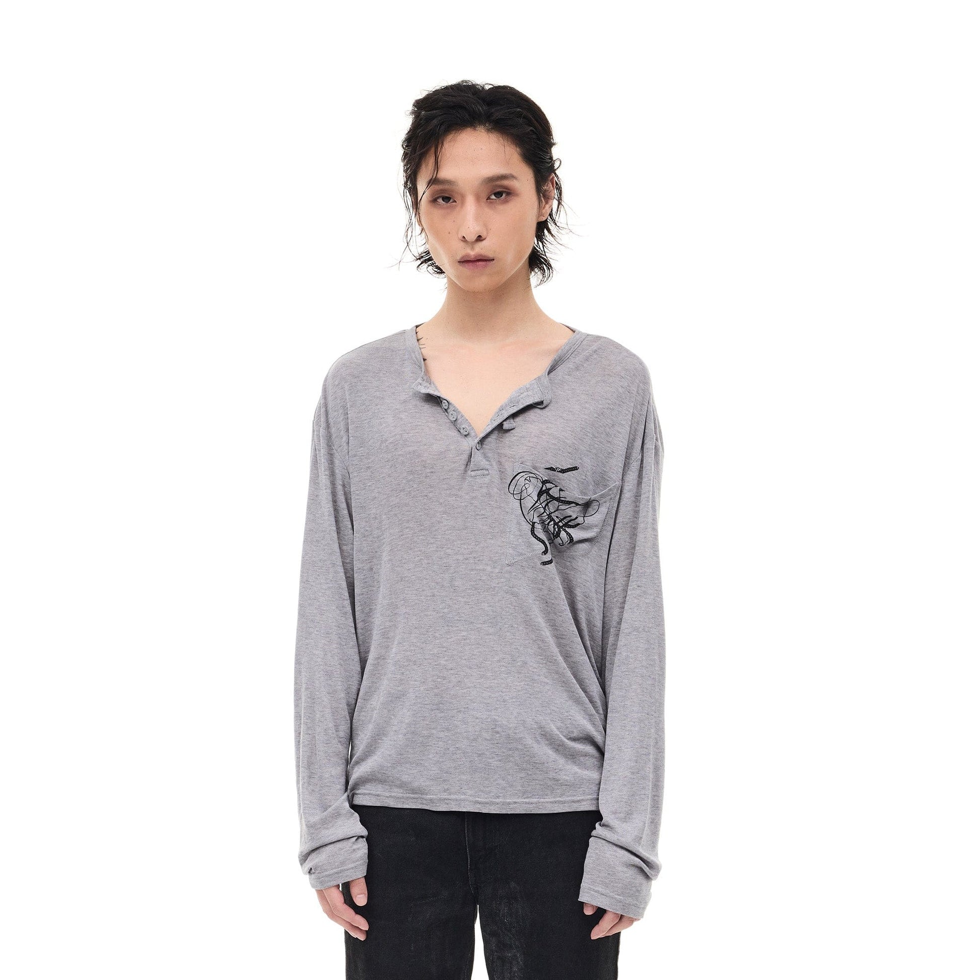 WHISTLEHUNTER Merino-Tencel Henley Graphic Long-Sleeve Tee-L/S Tee-S-Gray-Free Shipping Leatheretro