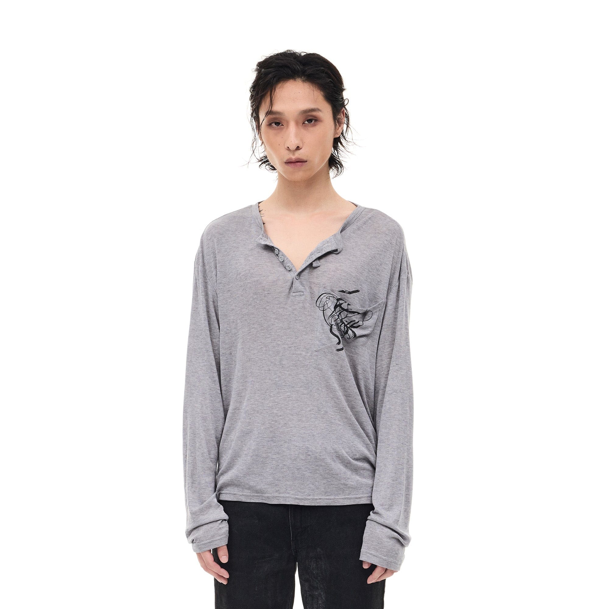 WHISTLEHUNTER Merino-Tencel Henley Graphic Long-Sleeve Tee-L/S Tee-S-Gray-Free Shipping Leatheretro