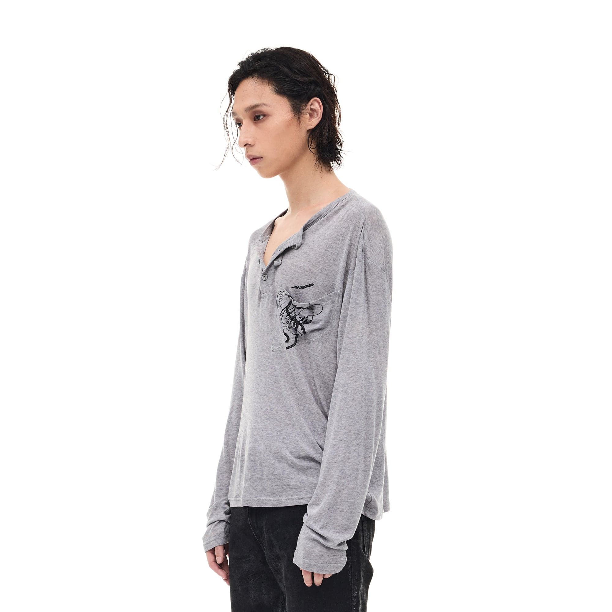 WHISTLEHUNTER Merino-Tencel Henley Graphic Long-Sleeve Tee-L/S Tee-S-Black-Free Shipping Leatheretro