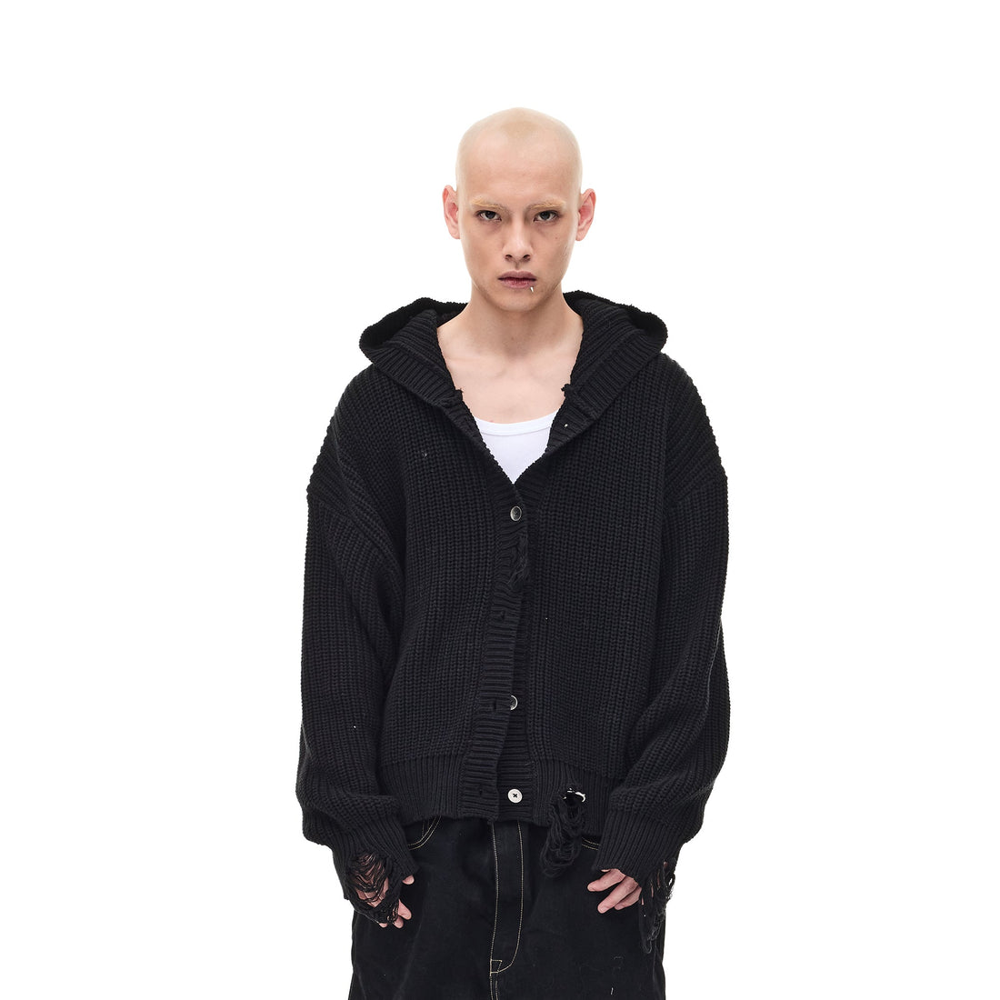 WHISTLEHUNTER Distressed Knit Hooded Cardigan-Jacket-S£¨Preorder£©-Blue-Free Shipping Leatheretro