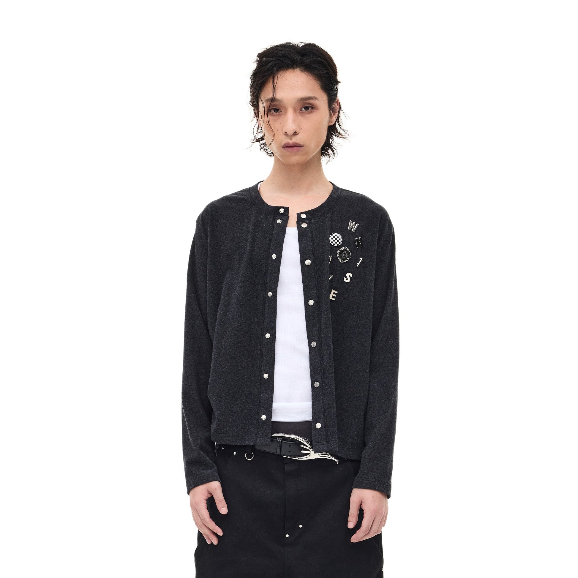 WHISTLEHUNTER Monogram Pin Wool-Blend Snap Cardigan-Sweater-M-Black-Free Shipping Leatheretro