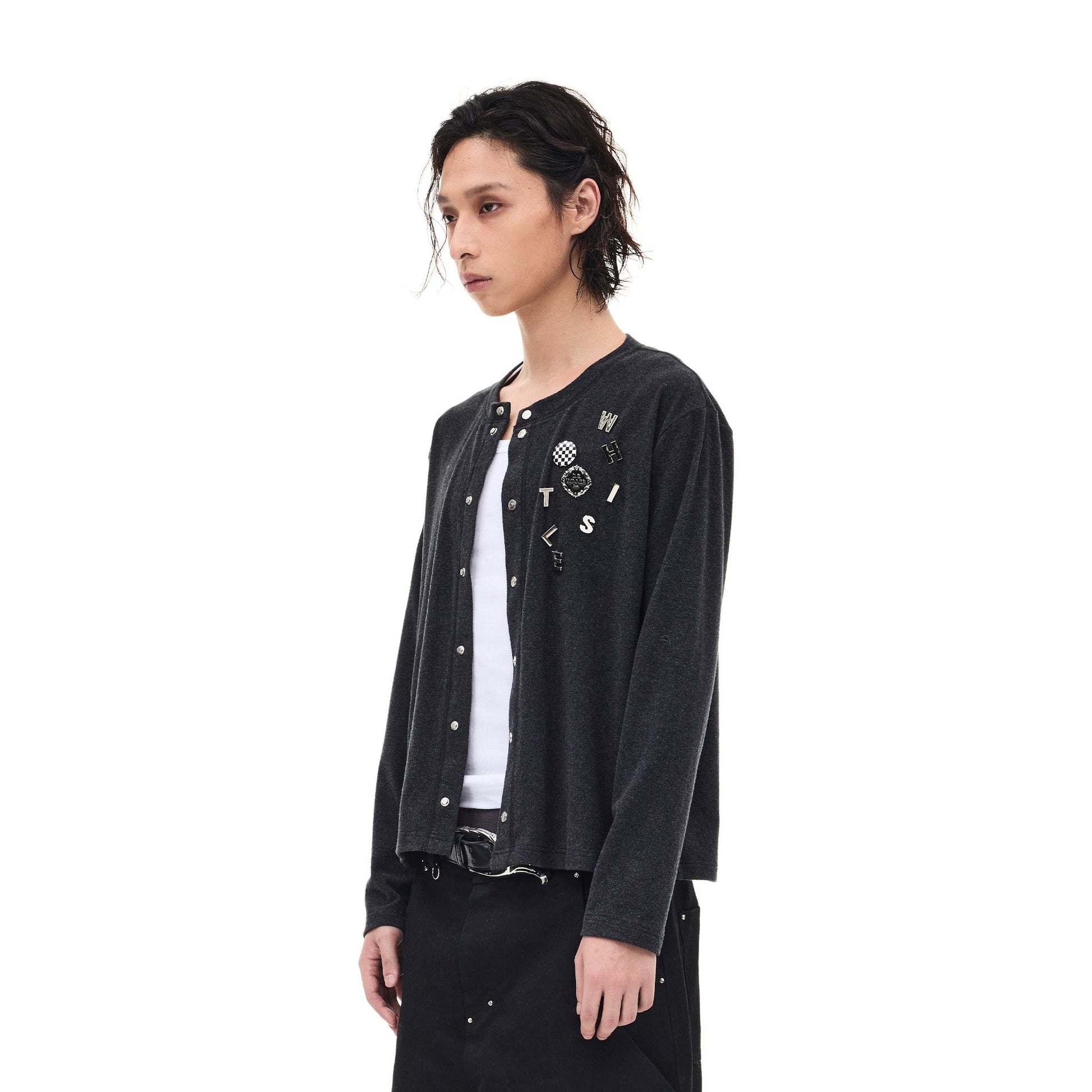 WHISTLEHUNTER Monogram Pin Wool-Blend Snap Cardigan-Sweater-S-Black-Free Shipping Leatheretro