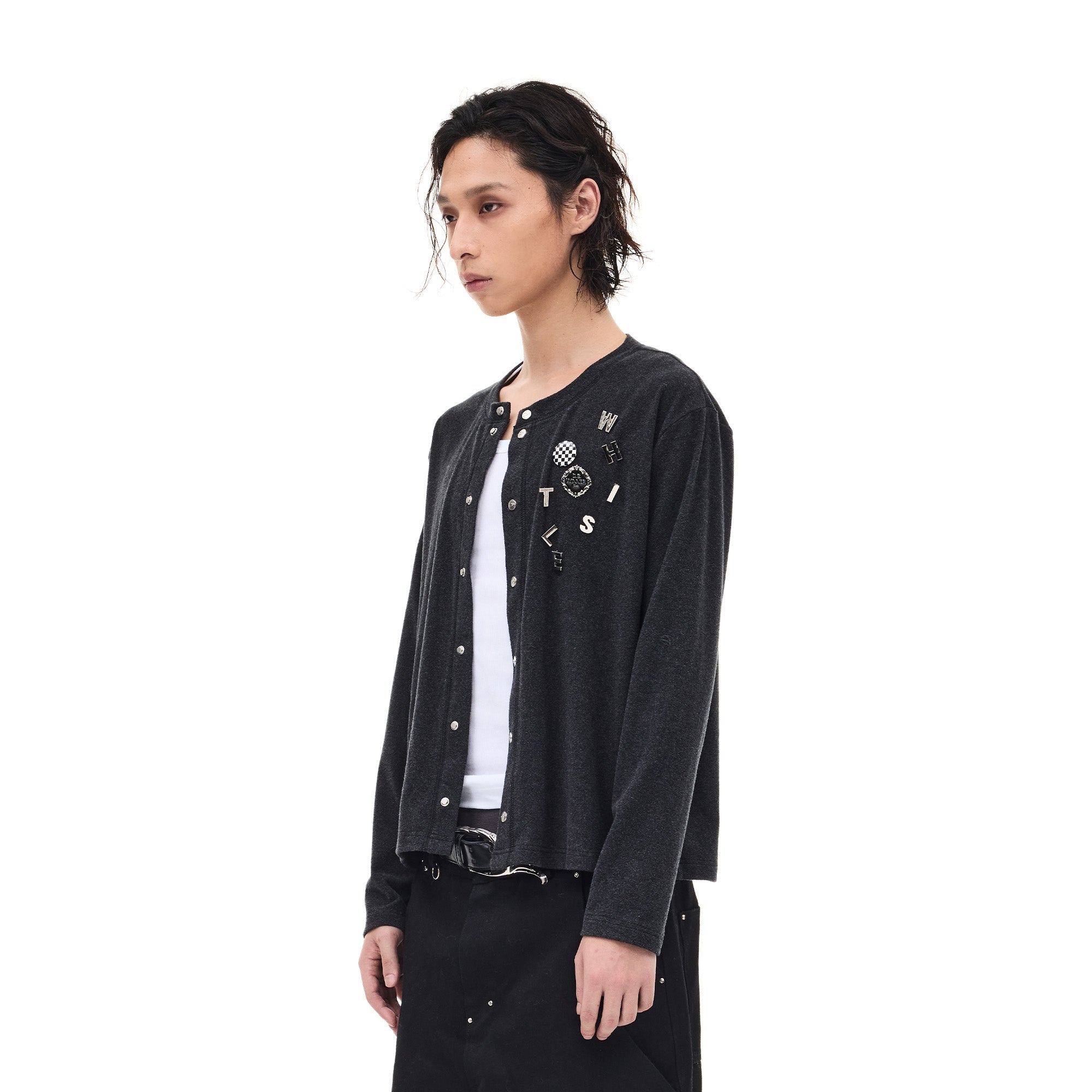 WHISTLEHUNTER Monogram Pin Wool-Blend Snap Cardigan-Sweater-S-Black-Free Shipping Leatheretro