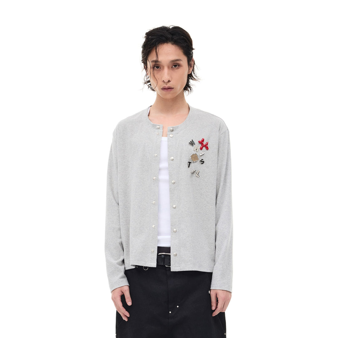 WHISTLEHUNTER Monogram Pin Wool-Blend Snap Cardigan-Sweater-S-Black-Free Shipping Leatheretro