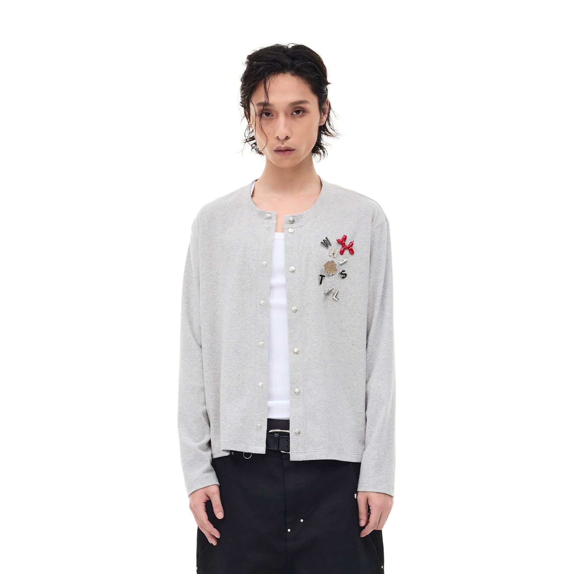 WHISTLEHUNTER Monogram Pin Wool-Blend Snap Cardigan-Sweater-M-Gray-Free Shipping Leatheretro