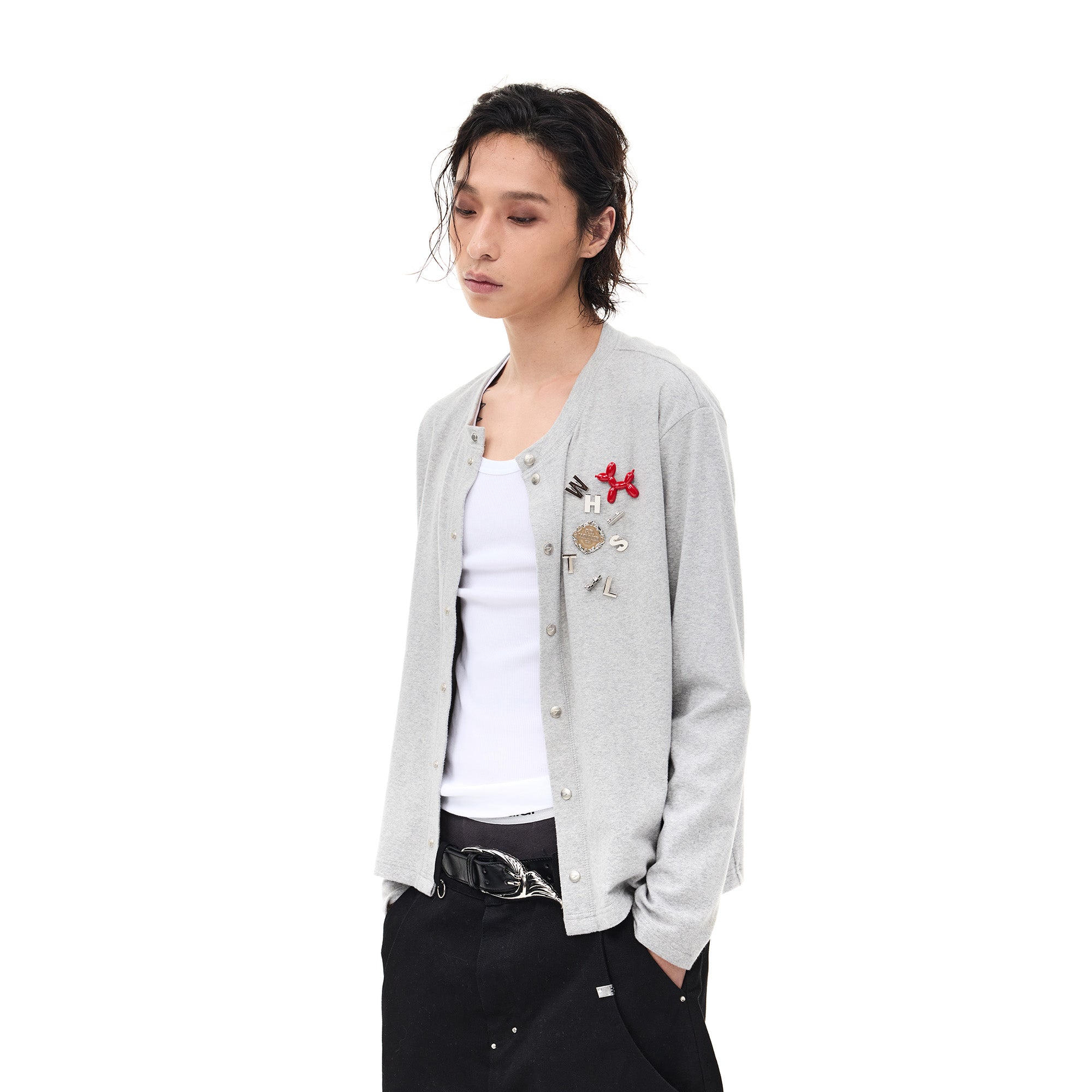 WHISTLEHUNTER Monogram Pin Wool-Blend Snap Cardigan-Sweater-S-Black-Free Shipping Leatheretro