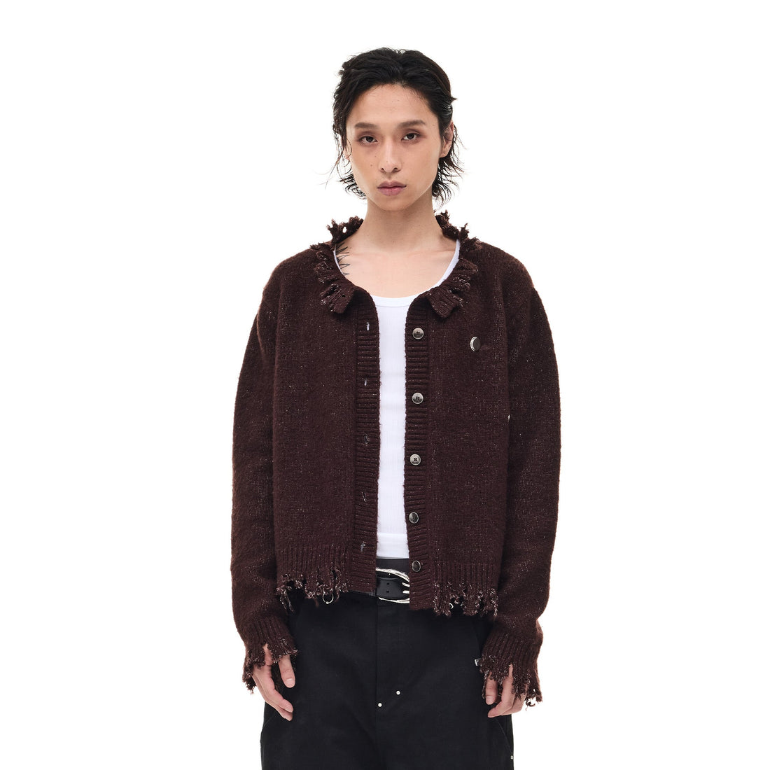 WHISTLEHUNTER Distressed Frayed-Edge Badge Cardigan-Sweater-S-Brown-Free Shipping Leatheretro