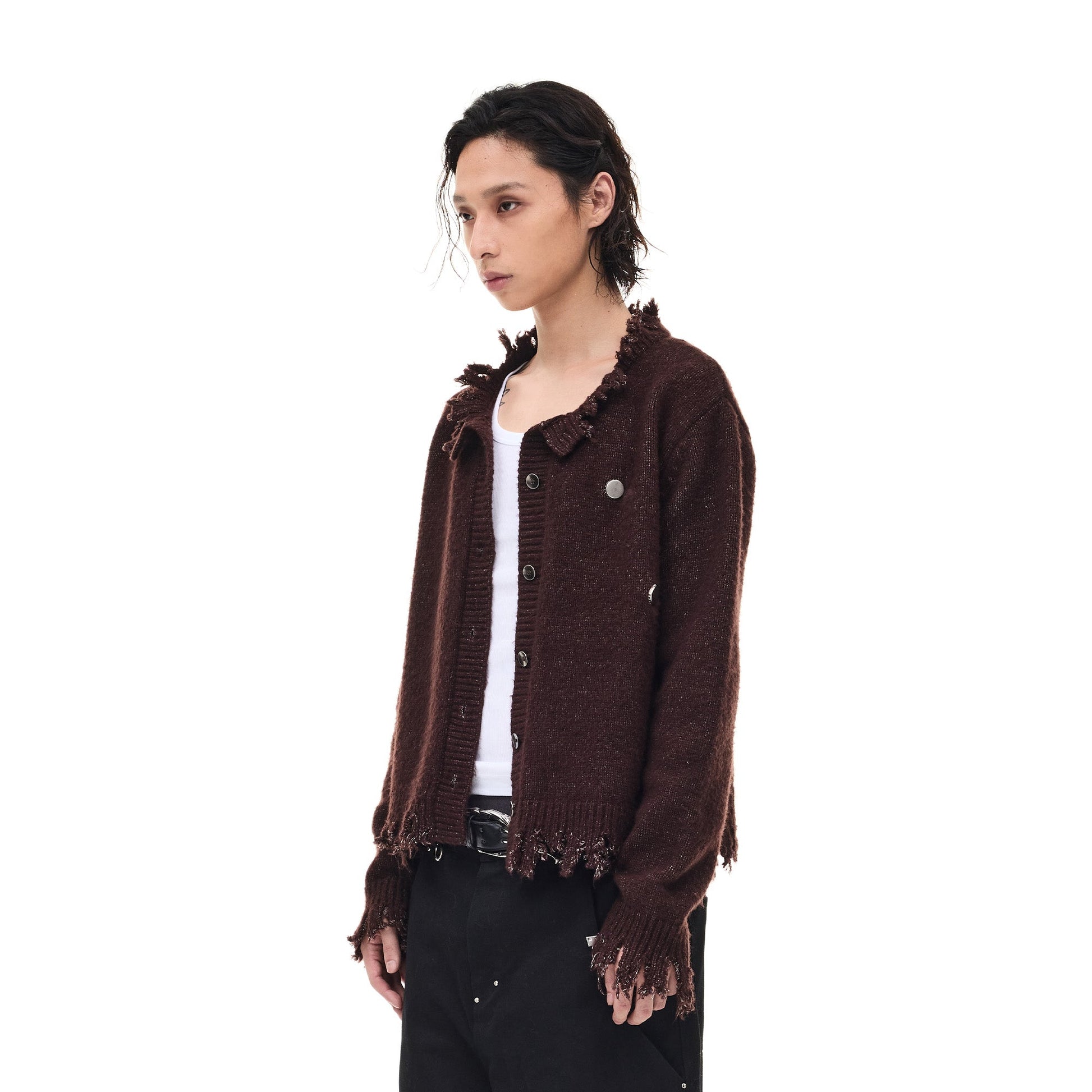 WHISTLEHUNTER Distressed Frayed-Edge Badge Cardigan-Sweater-S-Brown-Free Shipping Leatheretro