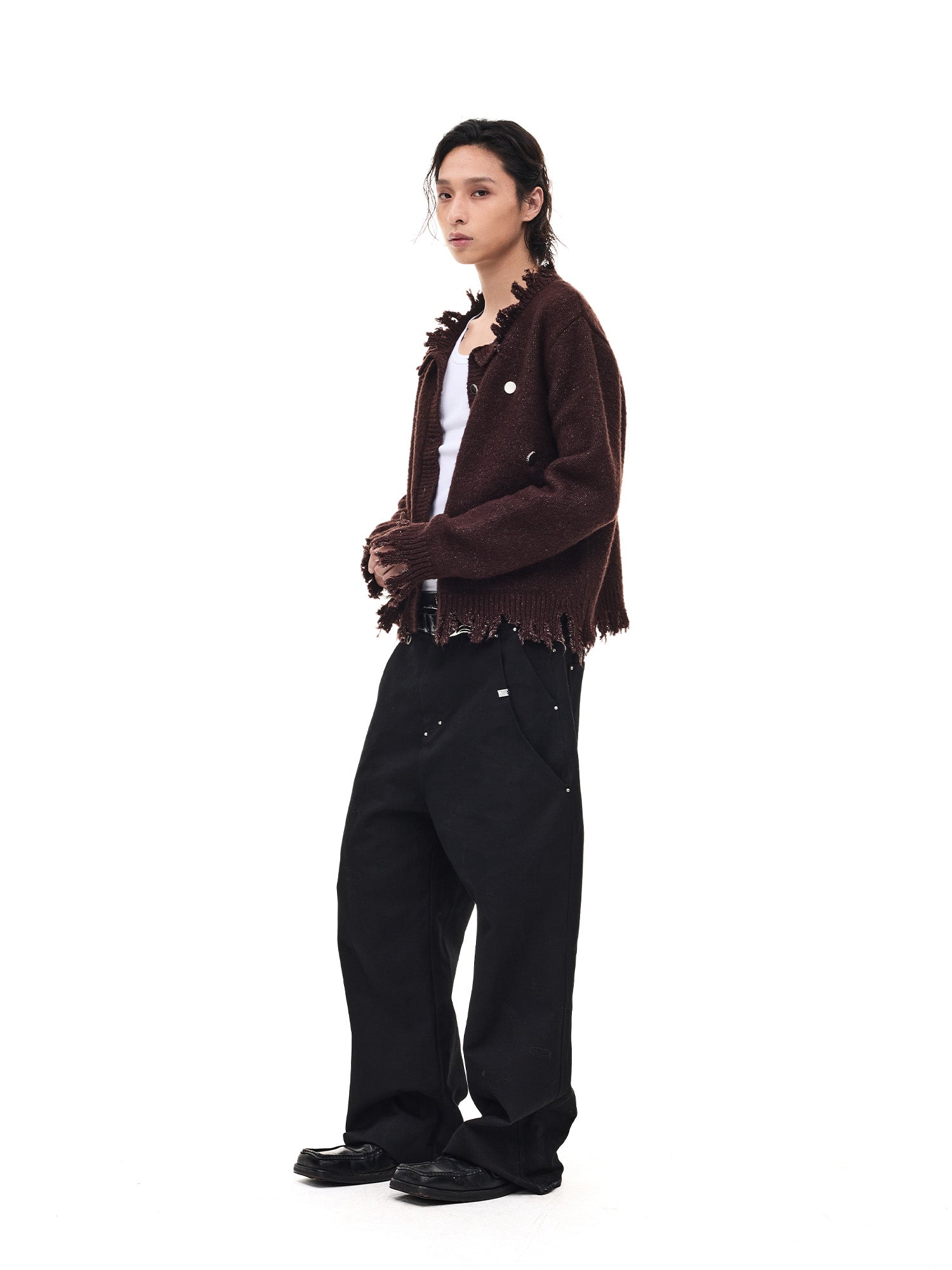 WHISTLEHUNTER Distressed Frayed-Edge Badge Cardigan-Sweater-S-Brown-Free Shipping Leatheretro