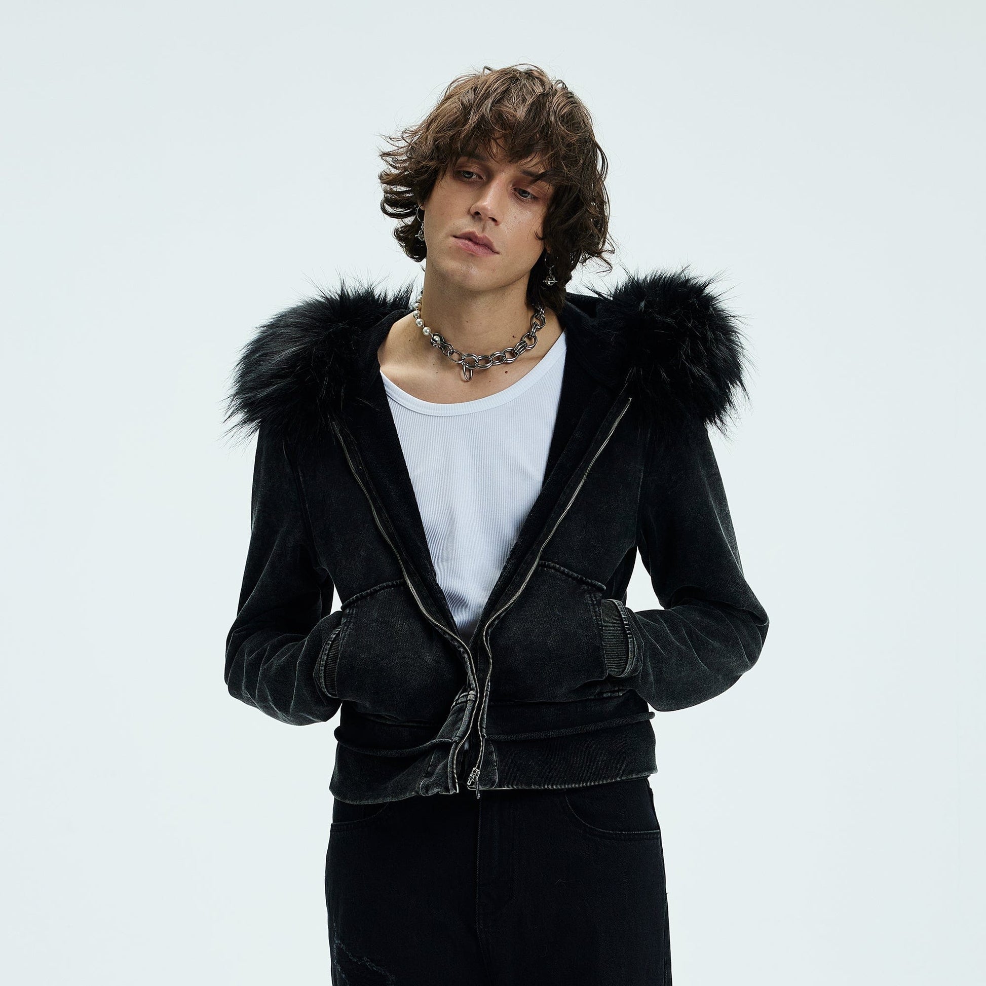 WHISTLEHUNTER Detachable Collar Washed Zip-Up Hoodie-Jacket-S-Black-Free Shipping Leatheretro