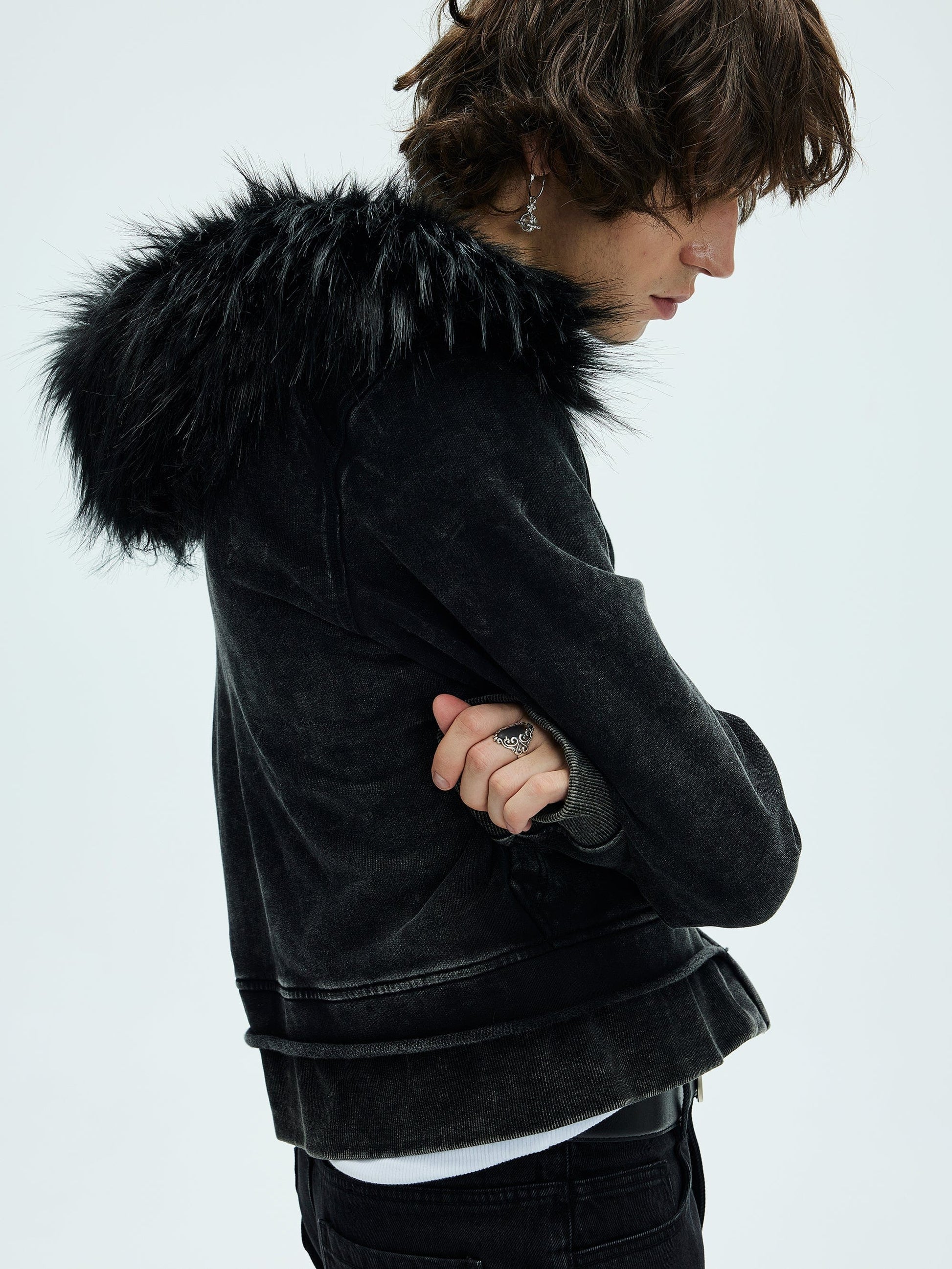 WHISTLEHUNTER Detachable Collar Washed Zip-Up Hoodie-Jacket-S-Black-Free Shipping Leatheretro