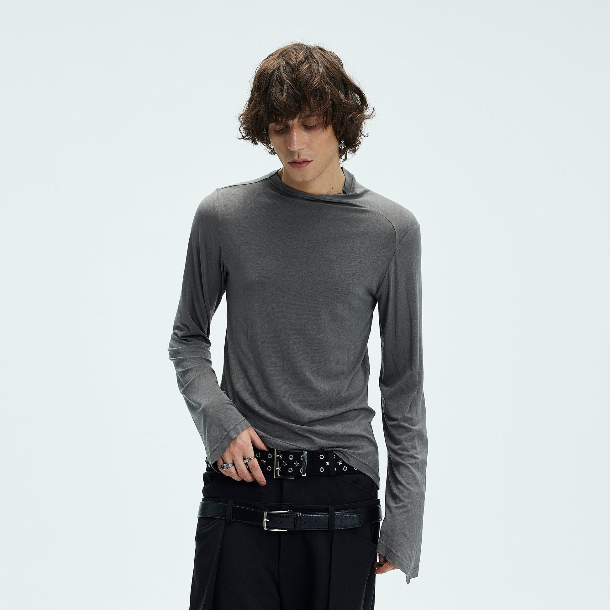 WHISTLEHUNTER Asymmetric Slim Long-Sleeve T-Shirt-L/S Tee-S-Grey-Free Shipping Leatheretro