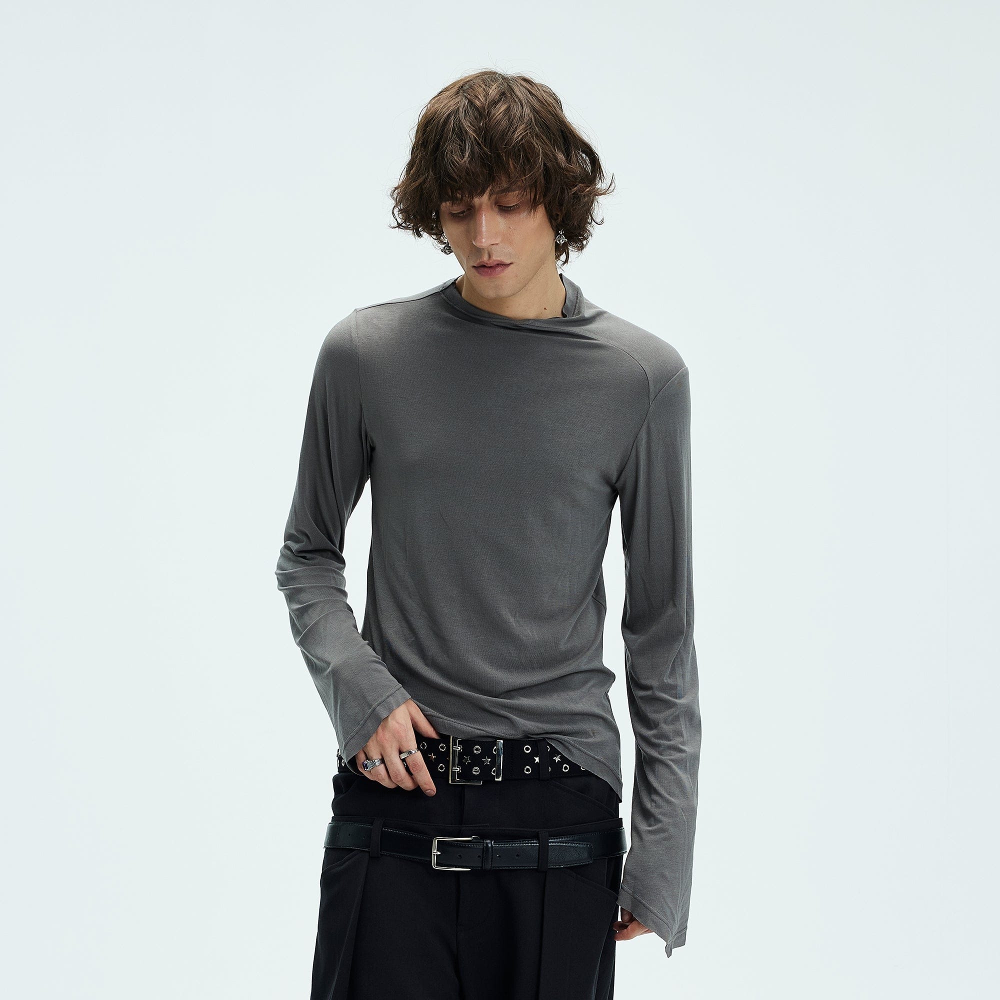 WHISTLEHUNTER Asymmetric Slim Long-Sleeve T-Shirt-L/S Tee-S-Grey-Free Shipping Leatheretro