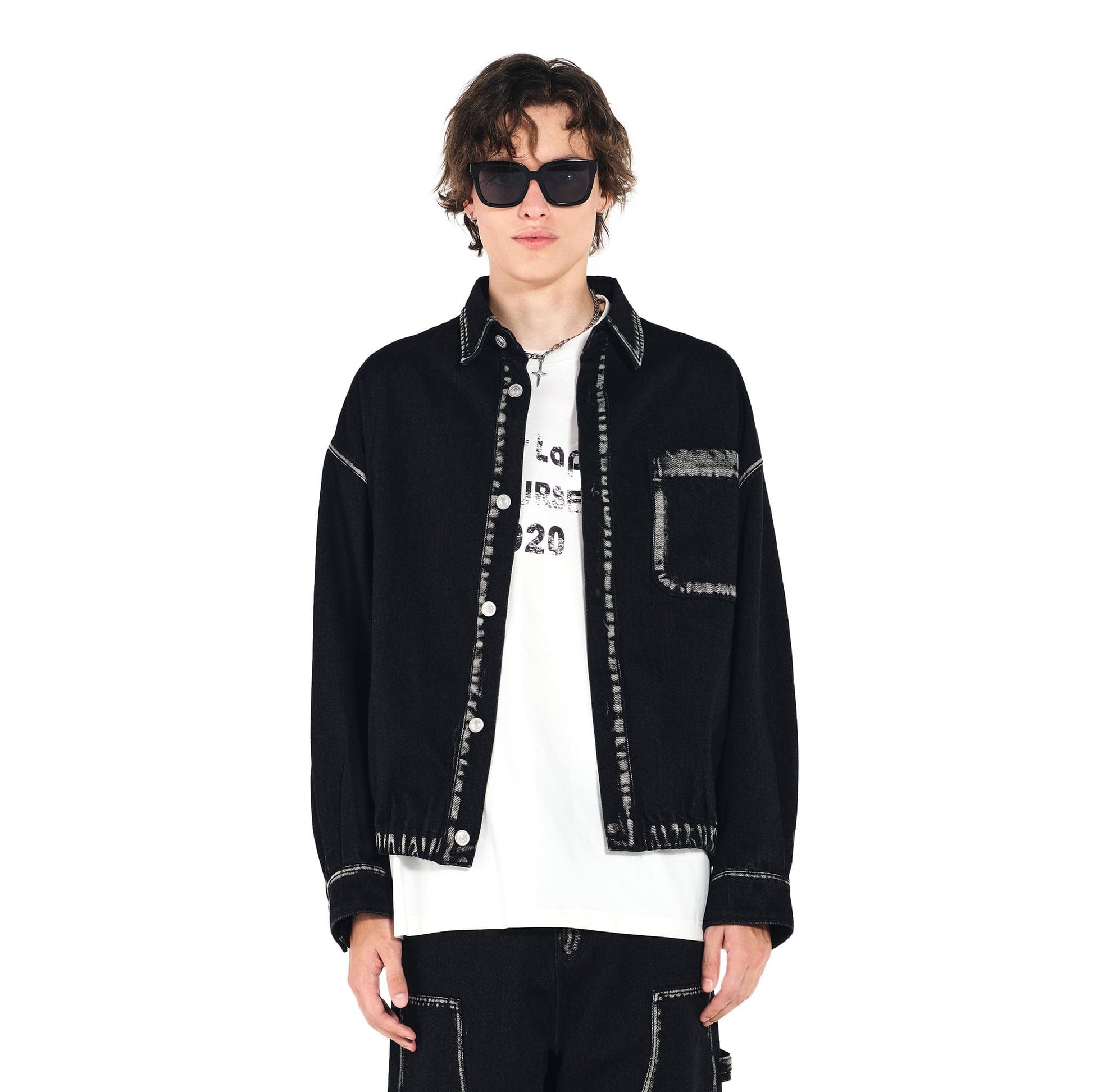 OVERLAPS Contrast Brushstroke Trim Denim Shirt-Shirt-S-Free Shipping Leatheretro