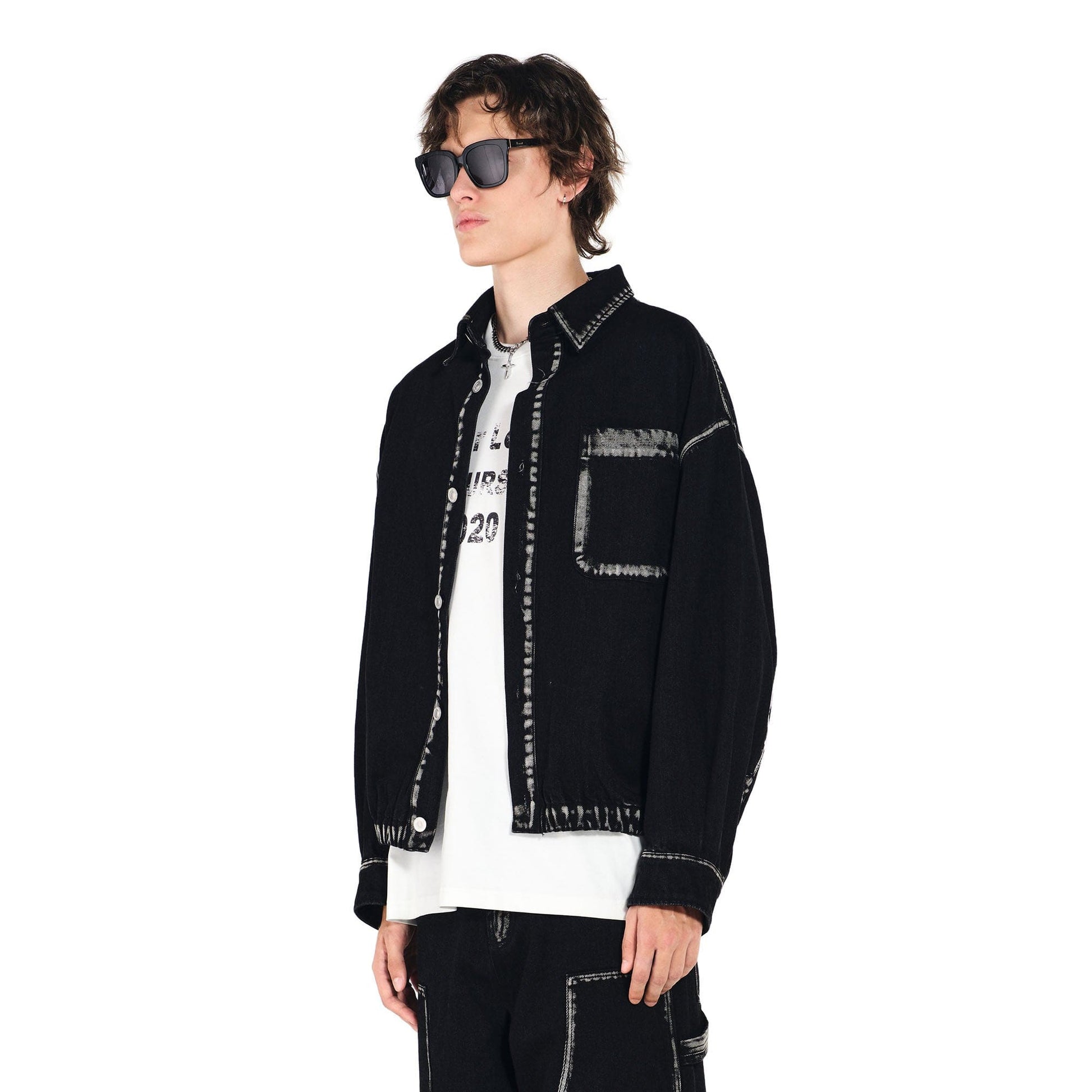 OVERLAPS Contrast Brushstroke Trim Denim Shirt-Shirt-S-Free Shipping Leatheretro