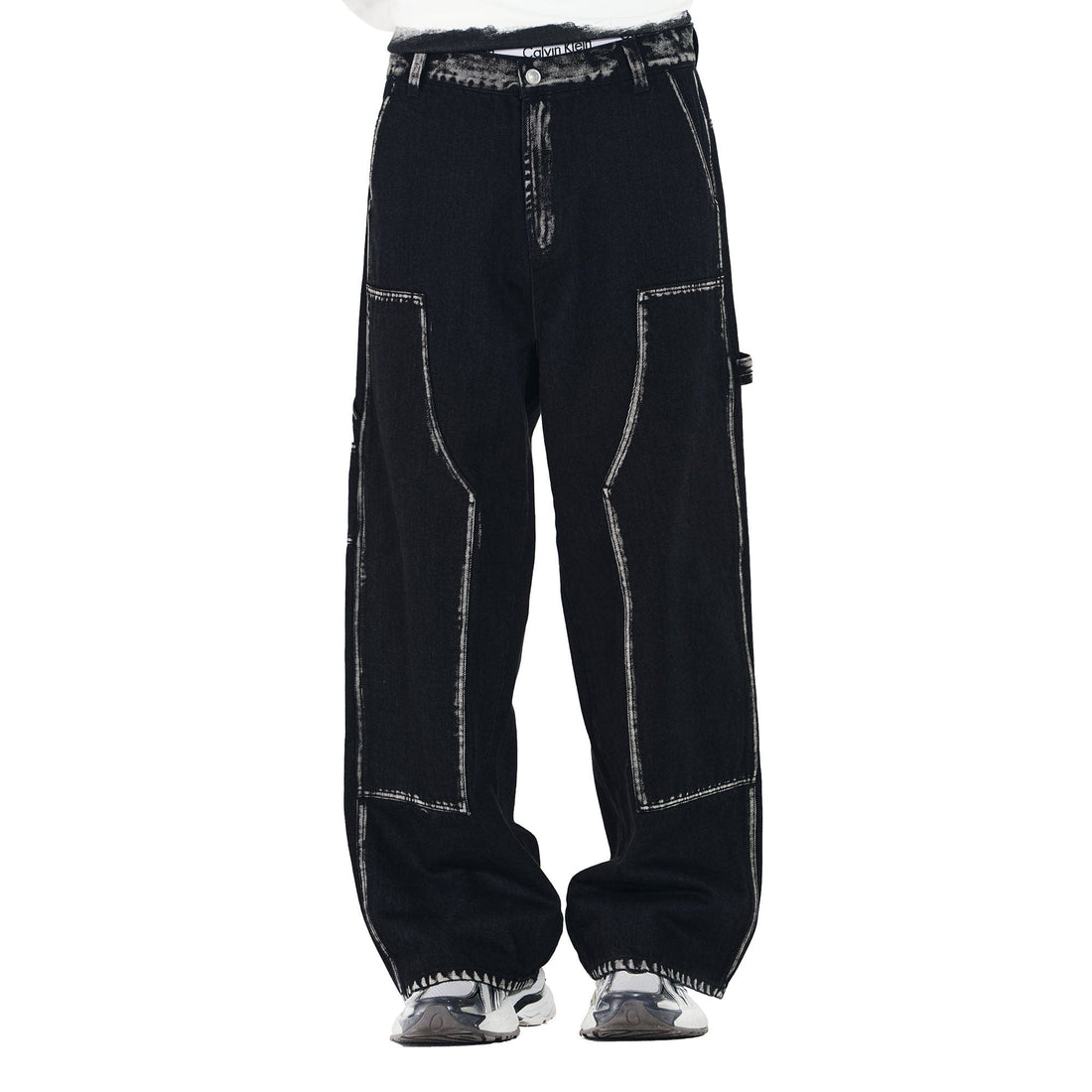 OVERLAPS Contrast Brushstroke Trim Double-Knee Jeans-Jeans-S-Free Shipping Leatheretro