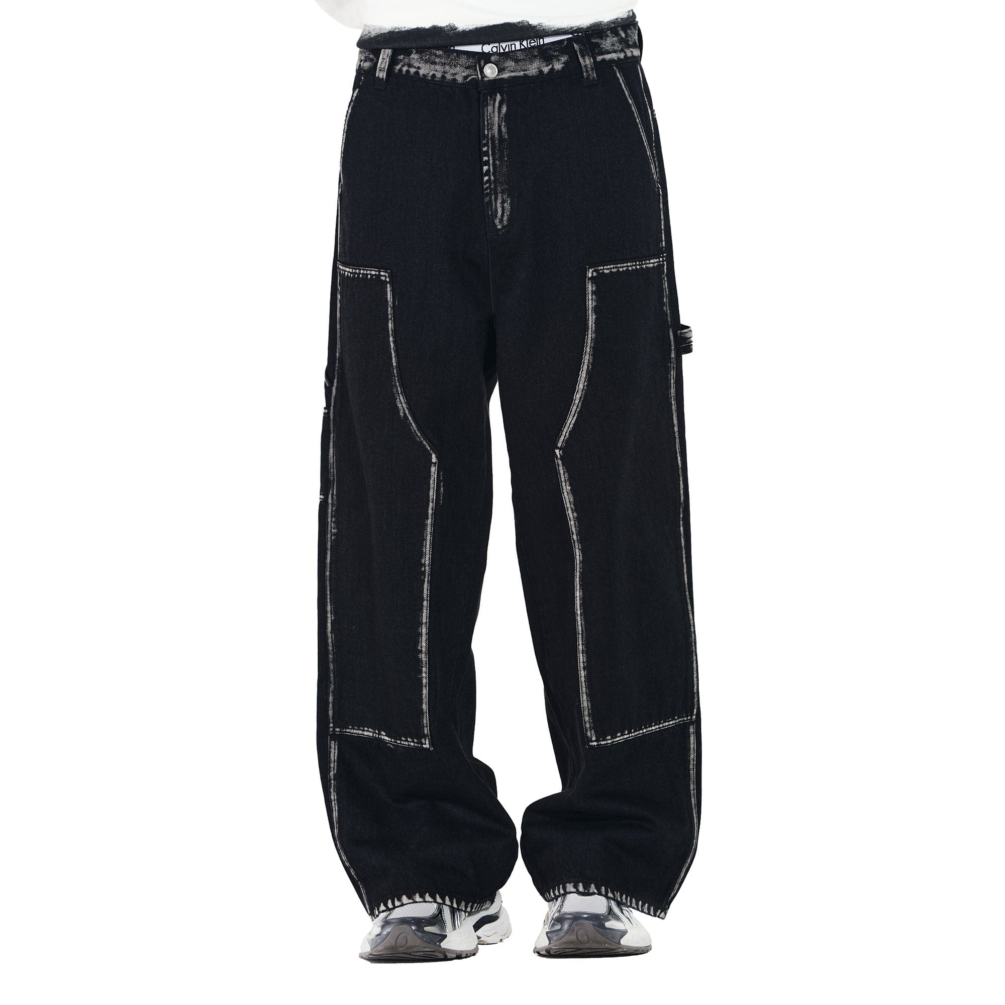 OVERLAPS Contrast Brushstroke Trim Double-Knee Jeans-Jeans-S-Free Shipping Leatheretro