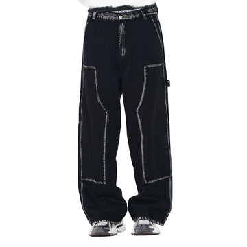 OVERLAPS Contrast Brushstroke Trim Double-Knee Jeans-Jeans-S-Free Shipping Leatheretro