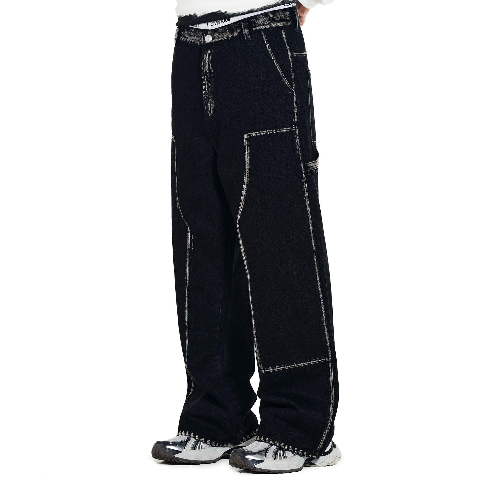 OVERLAPS Contrast Brushstroke Trim Double-Knee Jeans-Jeans-S-Free Shipping Leatheretro