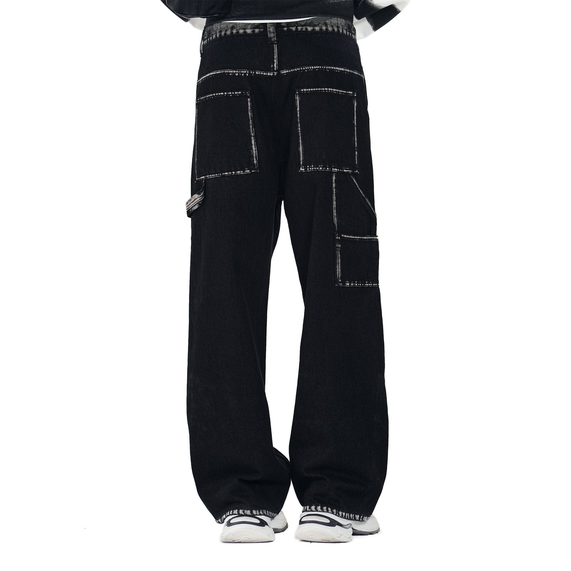 OVERLAPS Contrast Brushstroke Trim Double-Knee Jeans-Jeans-S-Free Shipping Leatheretro