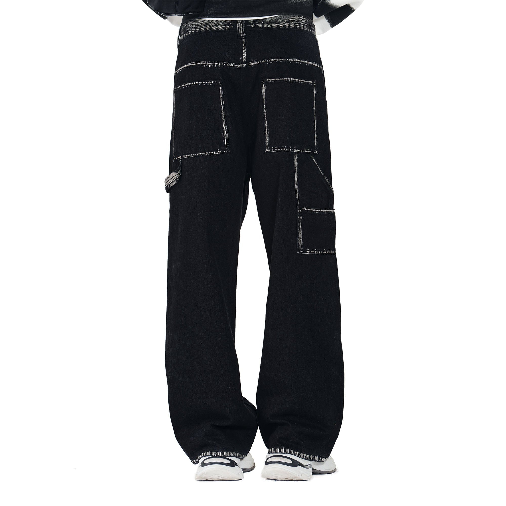 OVERLAPS Contrast Brushstroke Trim Double-Knee Jeans-Jeans-S-Free Shipping Leatheretro